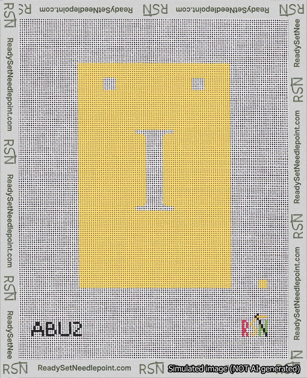 A taped needlepoint canvas with the design: Banner 18 mesh count Squared I White on Yellow.