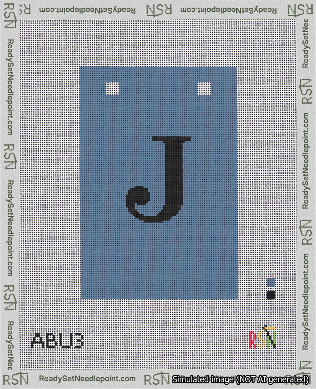 A taped needlepoint canvas with the design: Banner 18 mesh count Squared J Black on Blue.