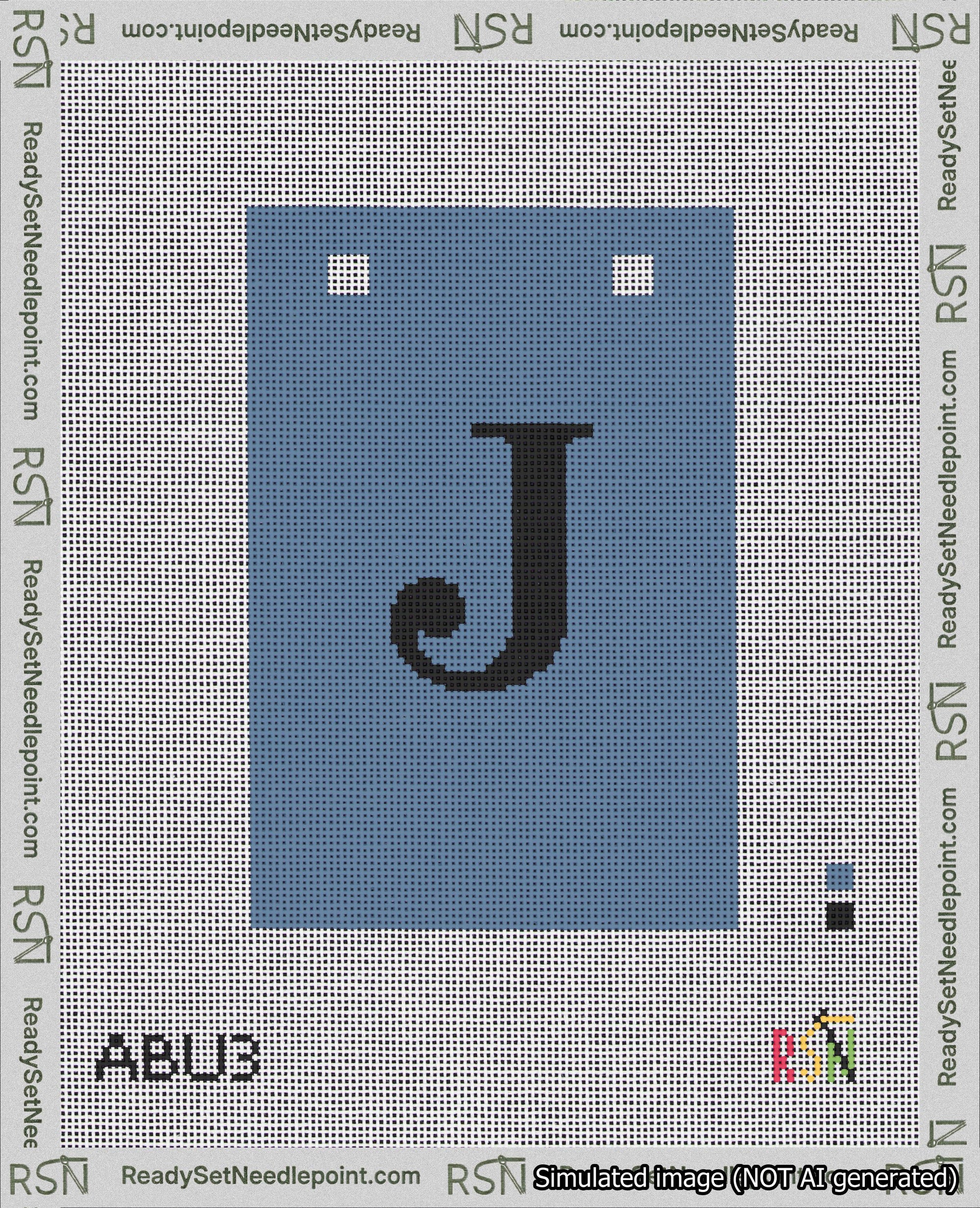 A taped needlepoint canvas with the design: Banner 18 mesh count Squared J Black on Blue.