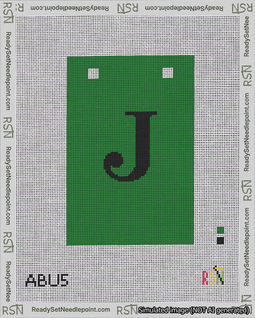 A taped needlepoint canvas with the design: Banner 18 mesh count Squared J Black on Green.