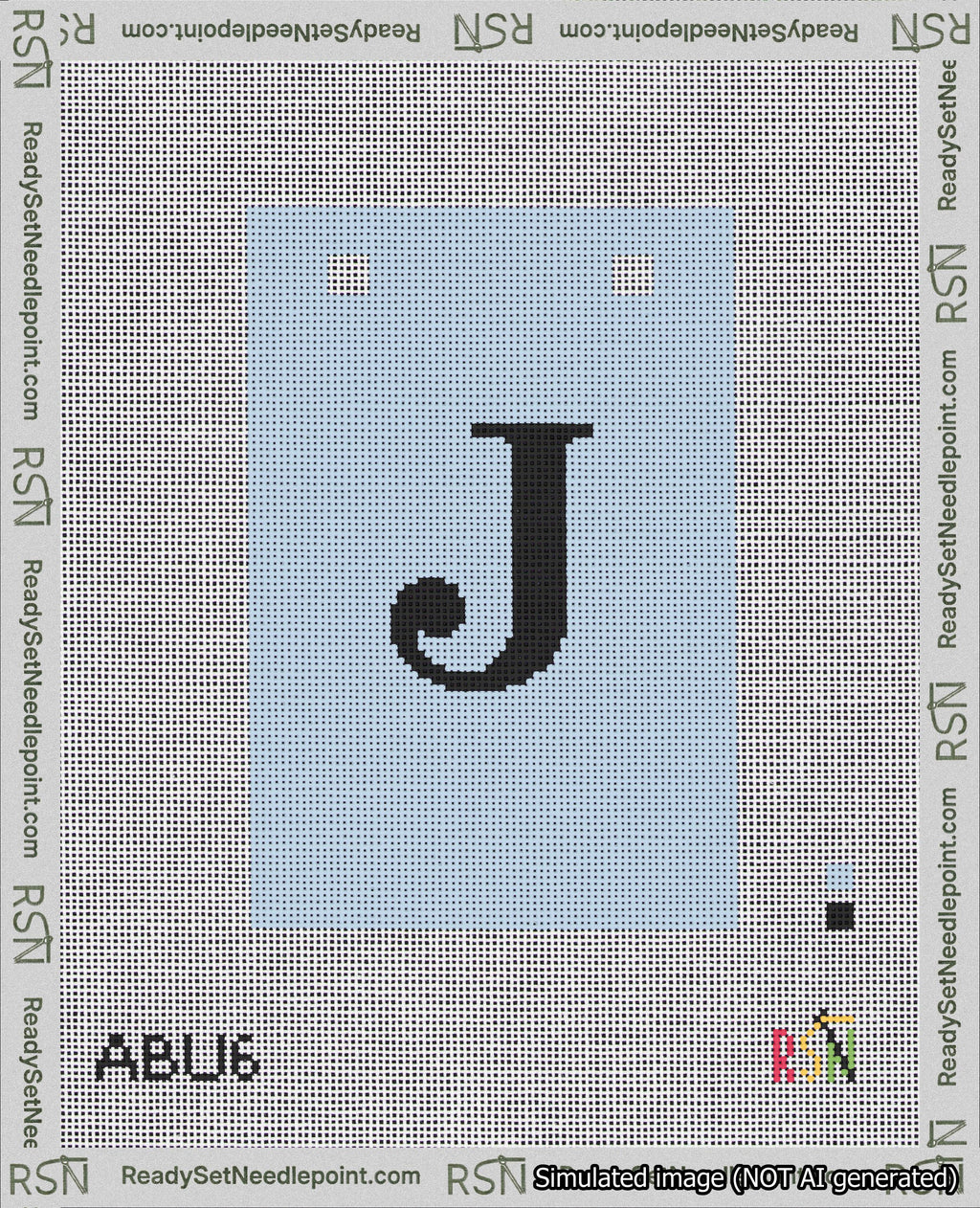 A taped needlepoint canvas with the design: Banner 18 mesh count Squared J Black on Light Blue.