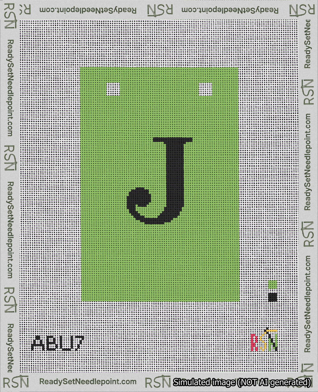 A taped needlepoint canvas with the design: Banner 18 mesh count Squared J Black on Light Green.