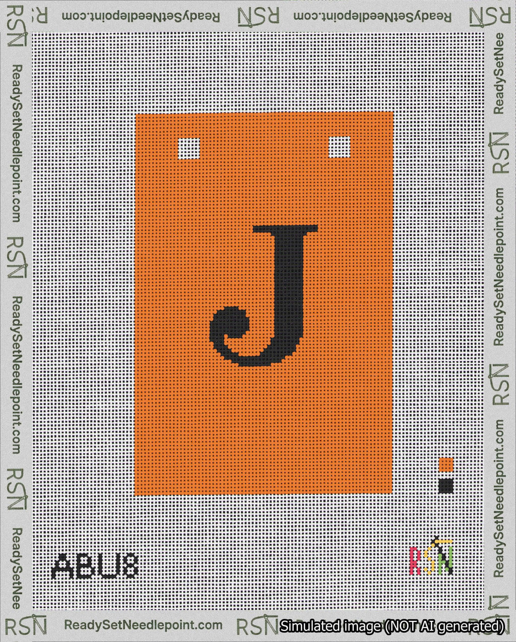 A taped needlepoint canvas with the design: Banner 18 mesh count Squared J Black on Orange.