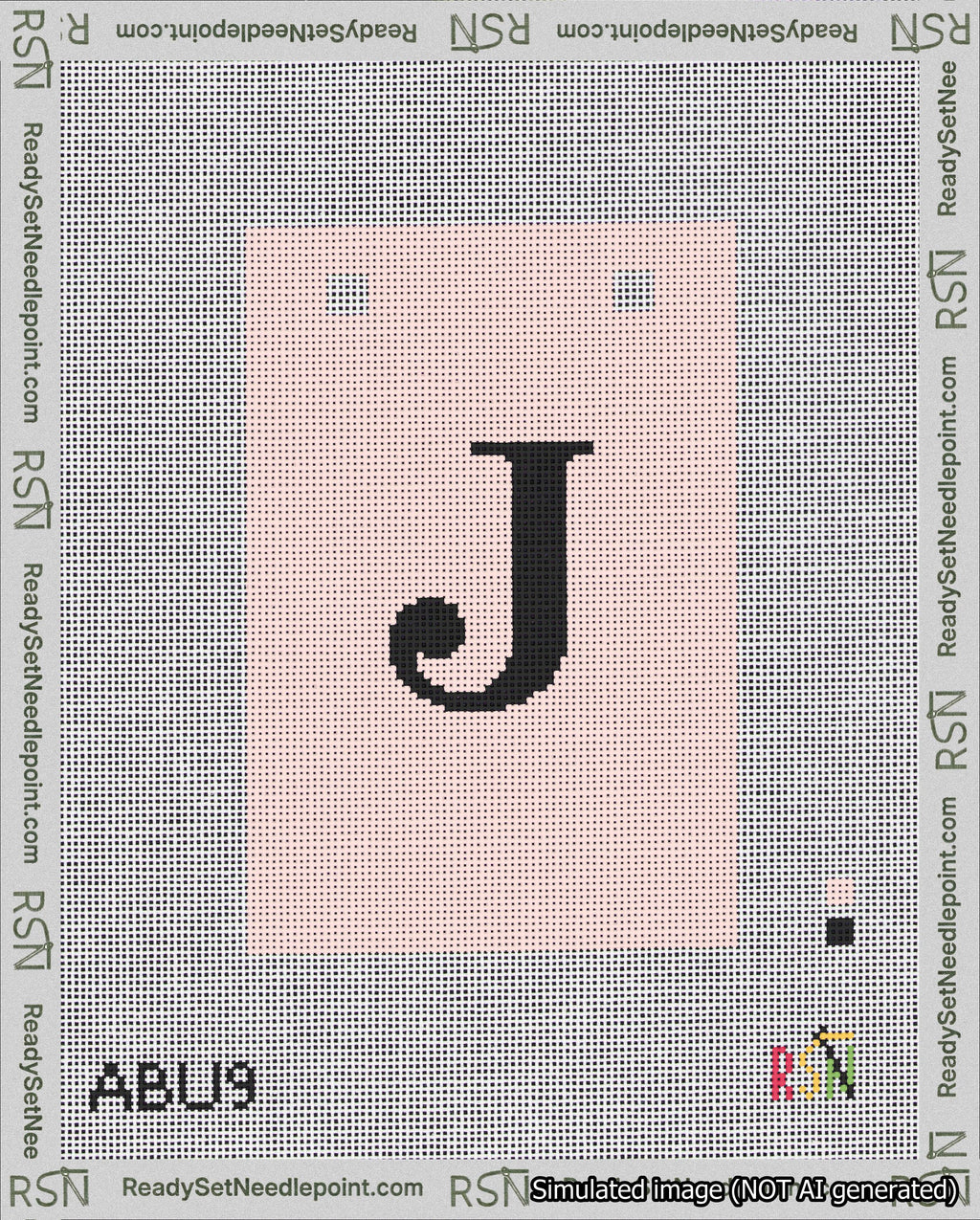 A taped needlepoint canvas with the design: Banner 18 mesh count Squared J Black on Pink.