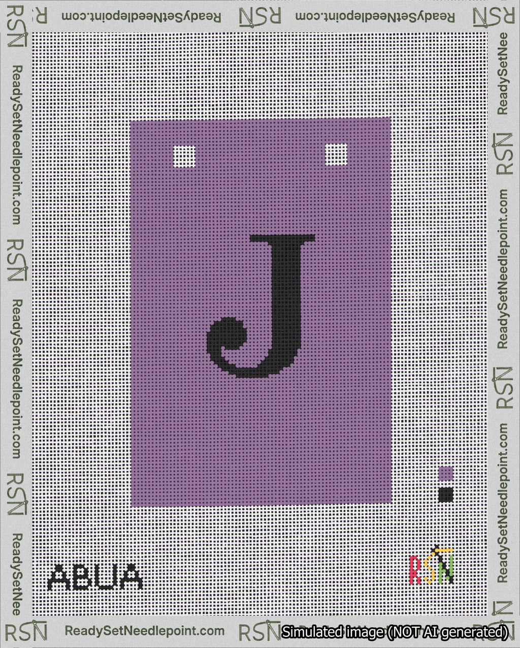 A taped needlepoint canvas with the design: Banner 18 mesh count Squared J Black on Purple.