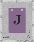 A taped needlepoint canvas with the design: Banner 18 mesh count Squared J Black on Purple.