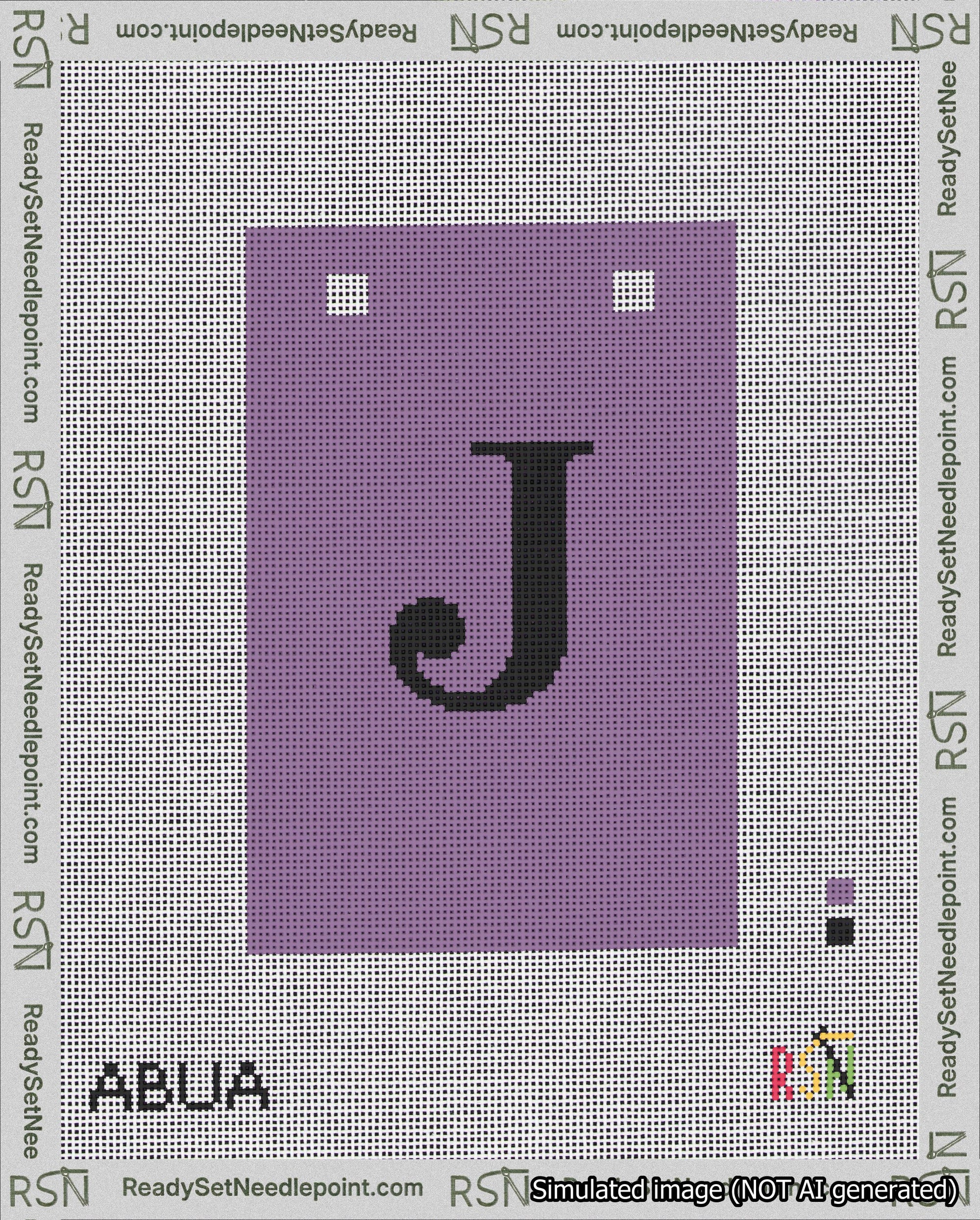 A taped needlepoint canvas with the design: Banner 18 mesh count Squared J Black on Purple.