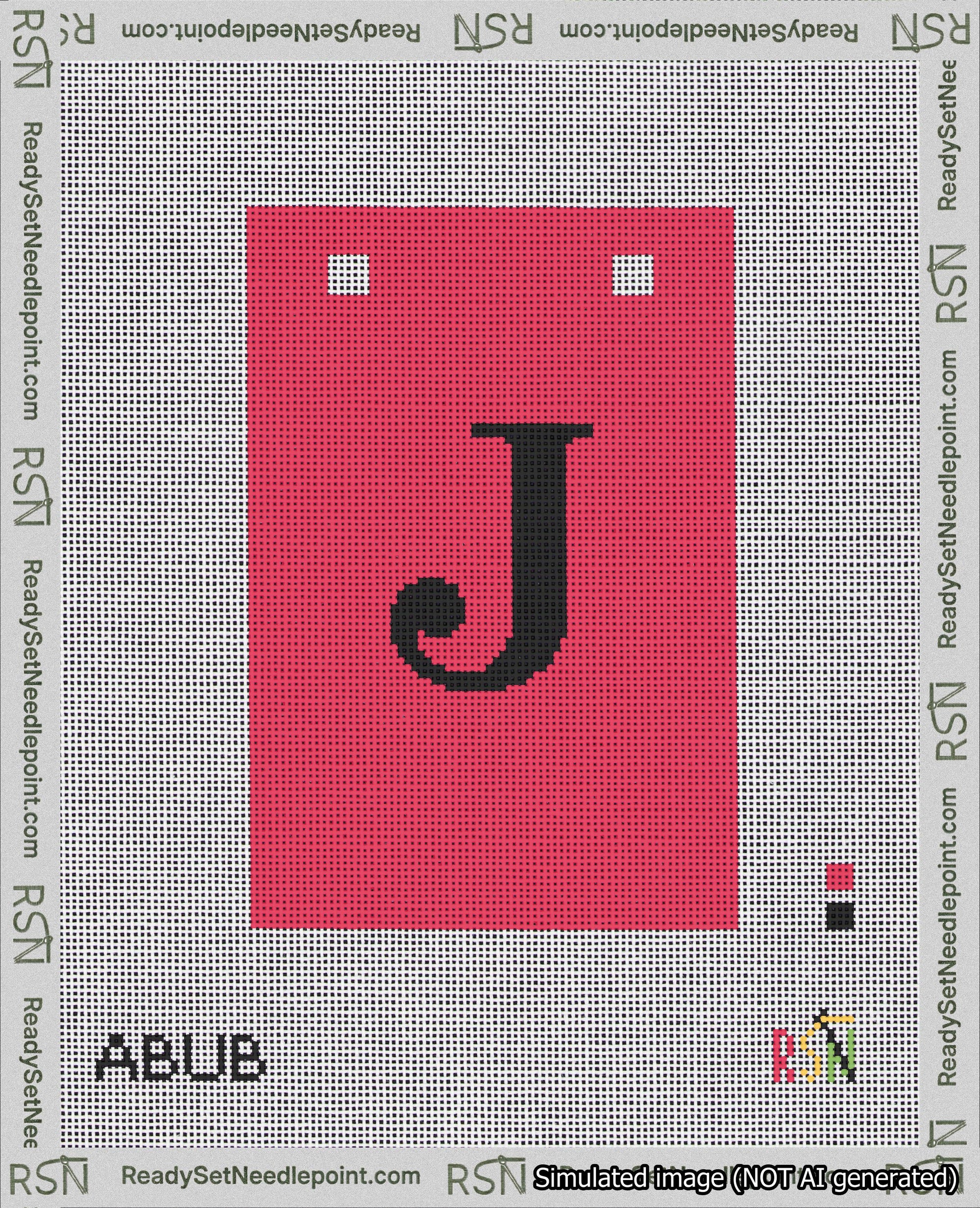 A taped needlepoint canvas with the design: Banner 18 mesh count Squared J Black on Red.
