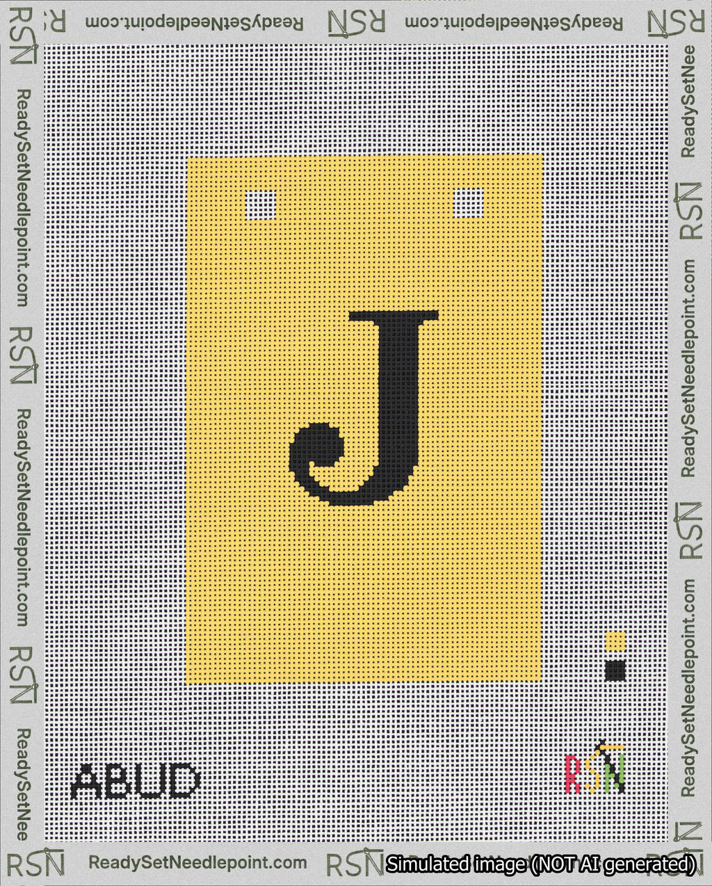 A taped needlepoint canvas with the design: Banner 18 mesh count Squared J Black on Yellow.