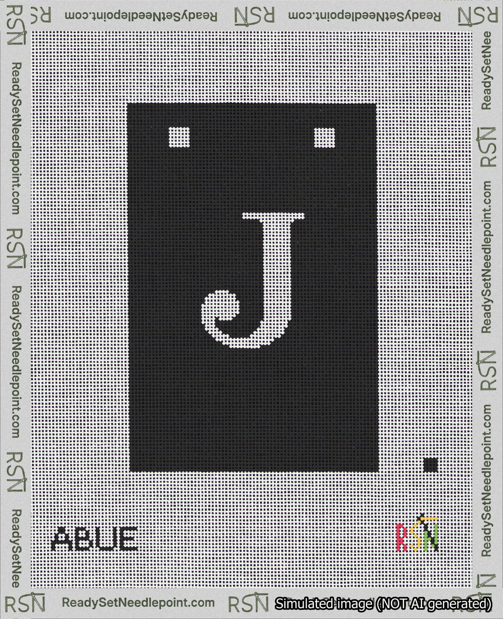 A taped needlepoint canvas with the design: Banner 18 mesh count Squared J White on Black.