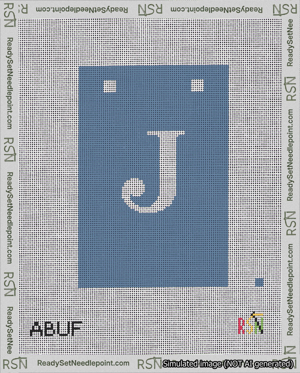 A taped needlepoint canvas with the design: Banner 18 mesh count Squared J White on Blue.