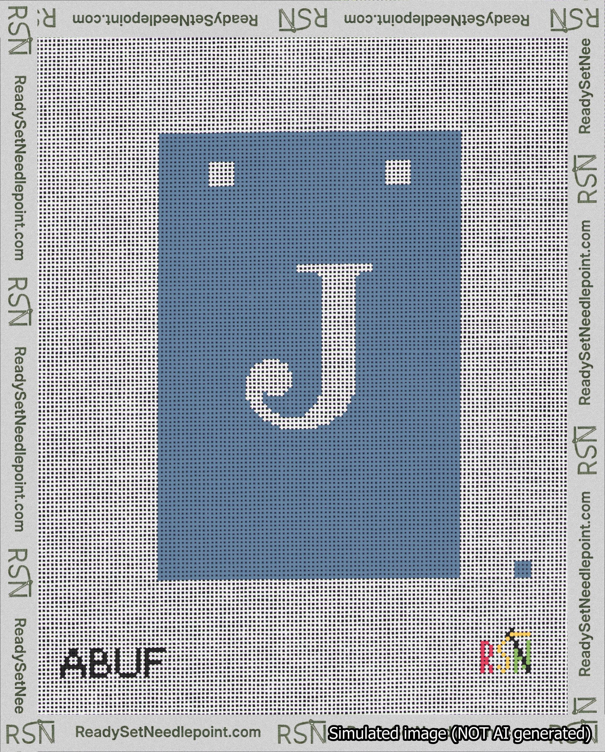 A taped needlepoint canvas with the design: Banner 18 mesh count Squared J White on Blue.