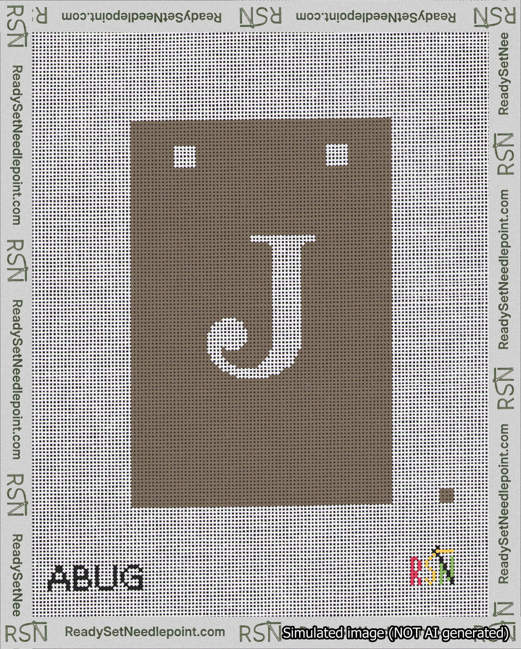 A taped needlepoint canvas with the design: Banner 18 mesh count Squared J White on Brown.