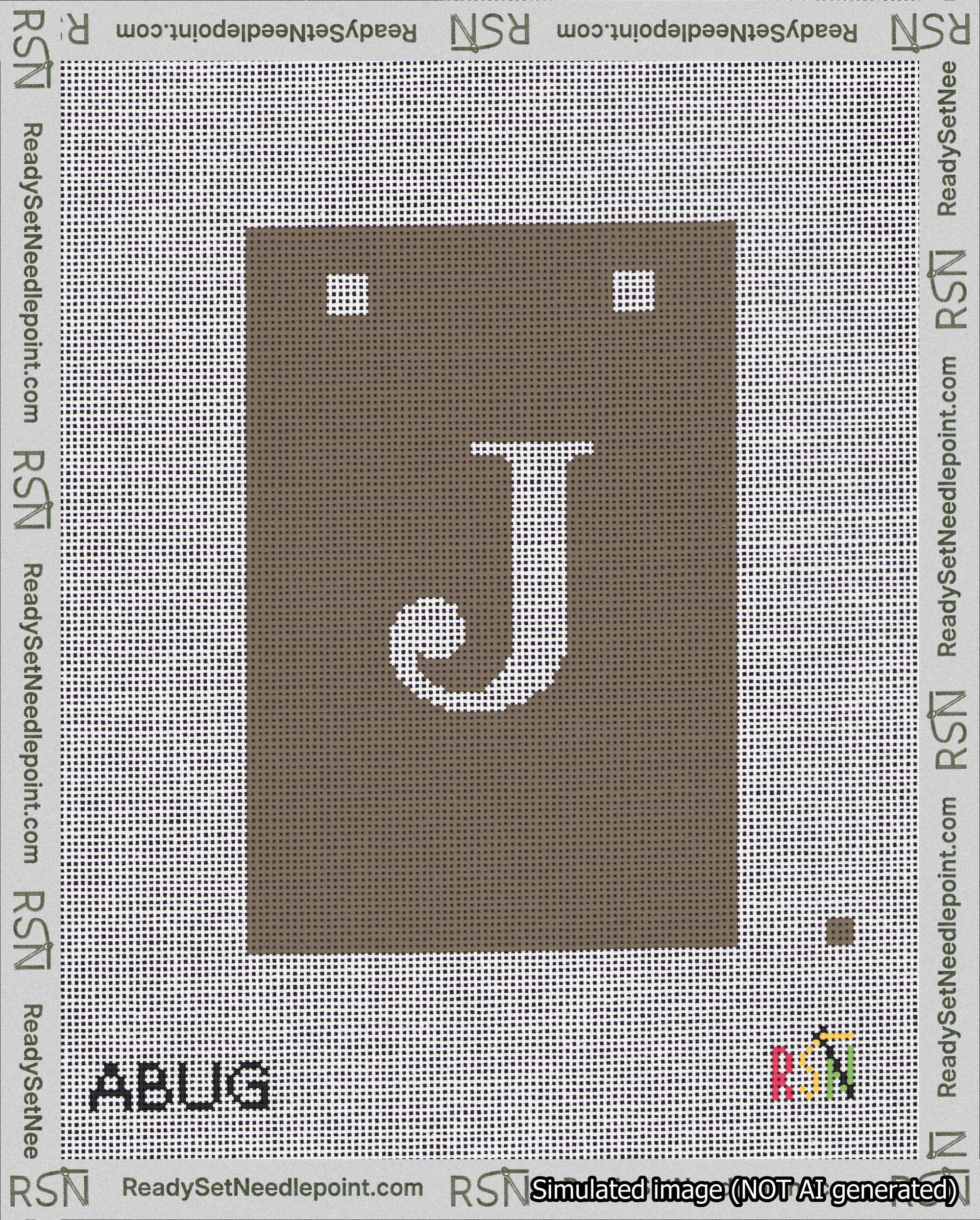 A taped needlepoint canvas with the design: Banner 18 mesh count Squared J White on Brown.
