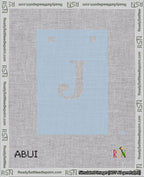 A taped needlepoint canvas with the design: Banner 18 mesh count Squared J White on Light Blue.