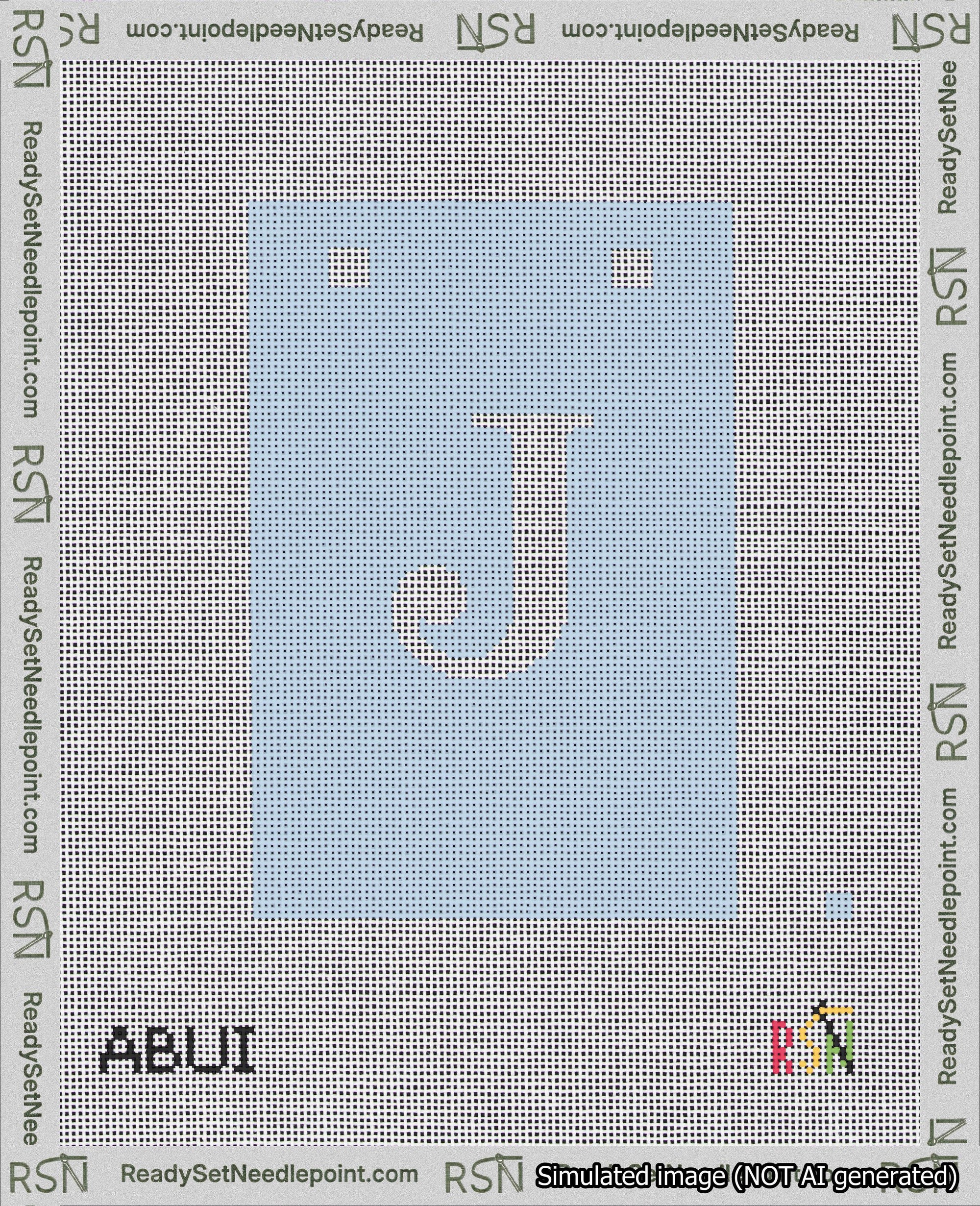 A taped needlepoint canvas with the design: Banner 18 mesh count Squared J White on Light Blue.