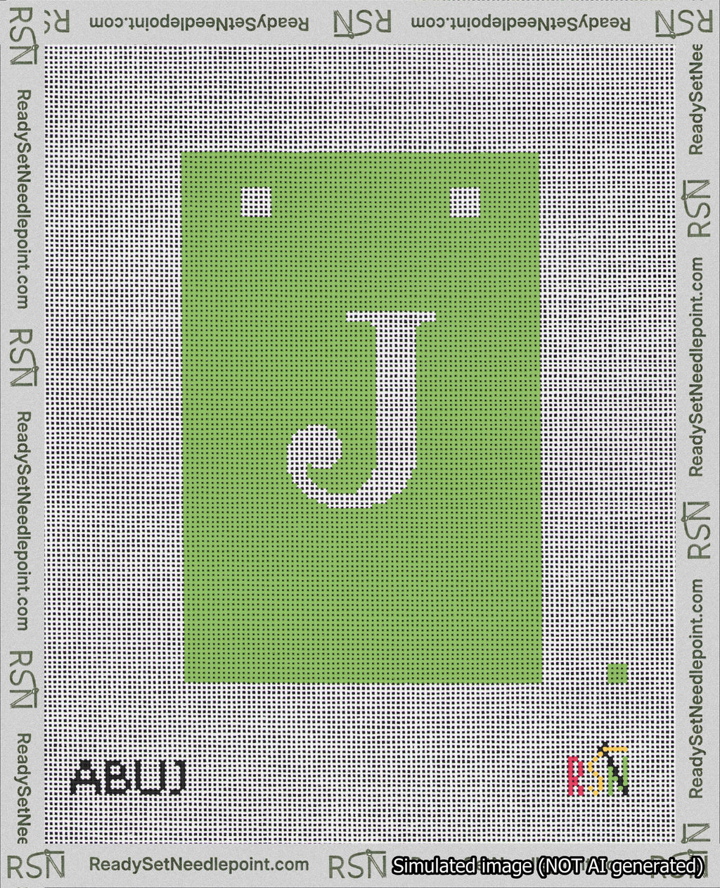 A taped needlepoint canvas with the design: Banner 18 mesh count Squared J White on Light Green.