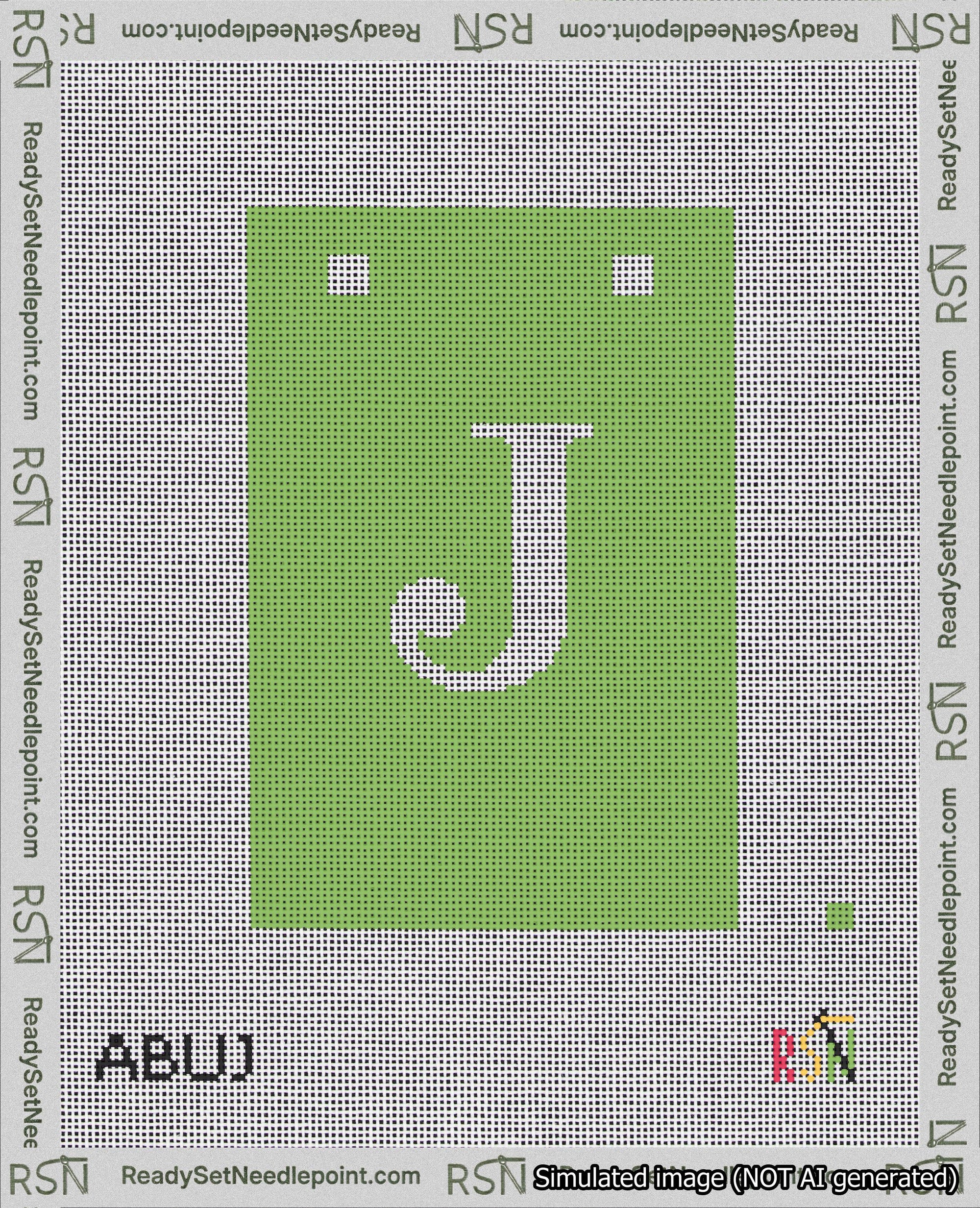 A taped needlepoint canvas with the design: Banner 18 mesh count Squared J White on Light Green.