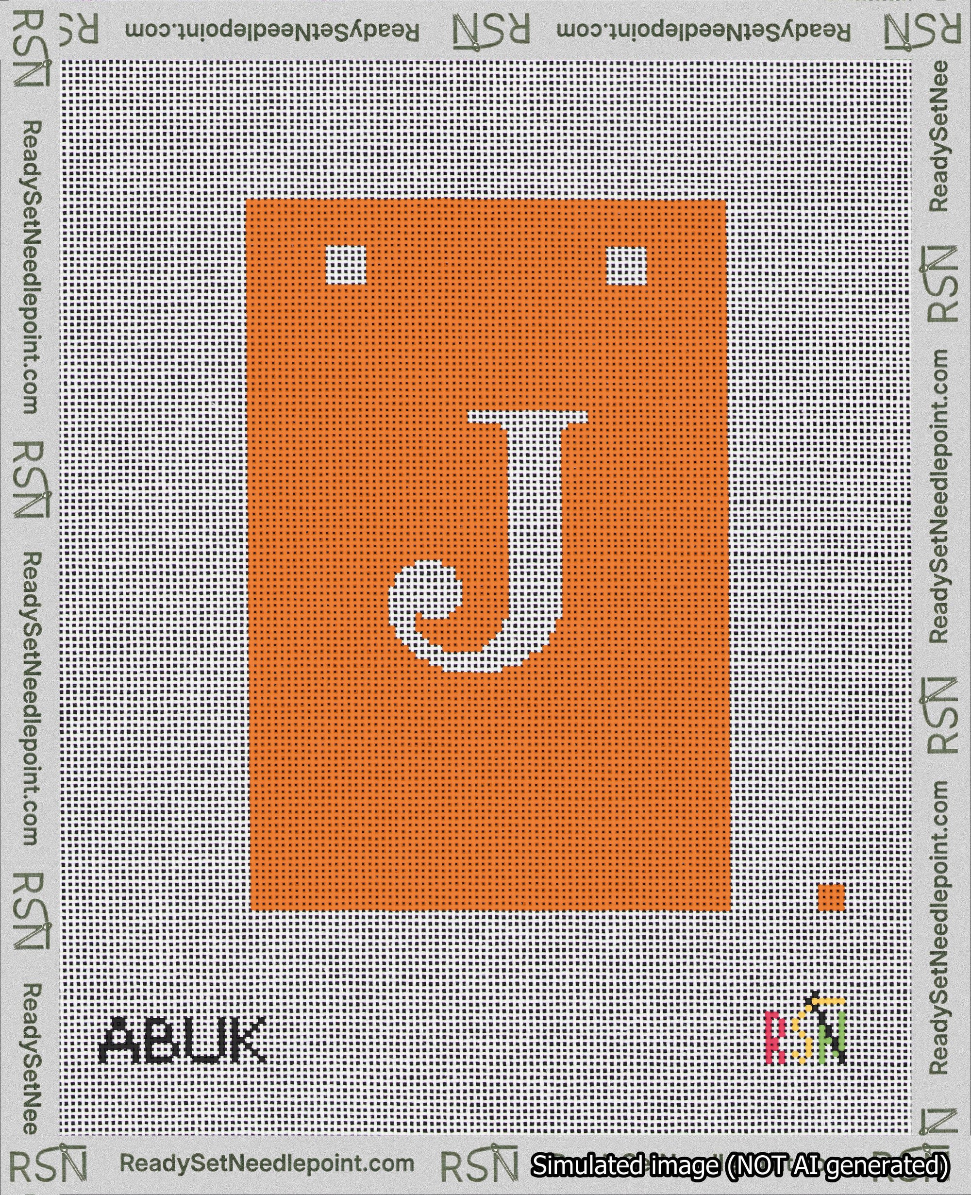 A taped needlepoint canvas with the design: Banner 18 mesh count Squared J White on Orange.