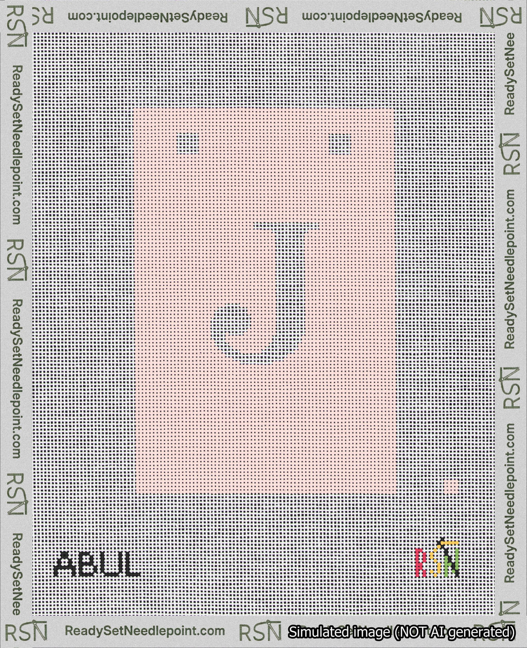 A taped needlepoint canvas with the design: Banner 18 mesh count Squared J White on Pink.