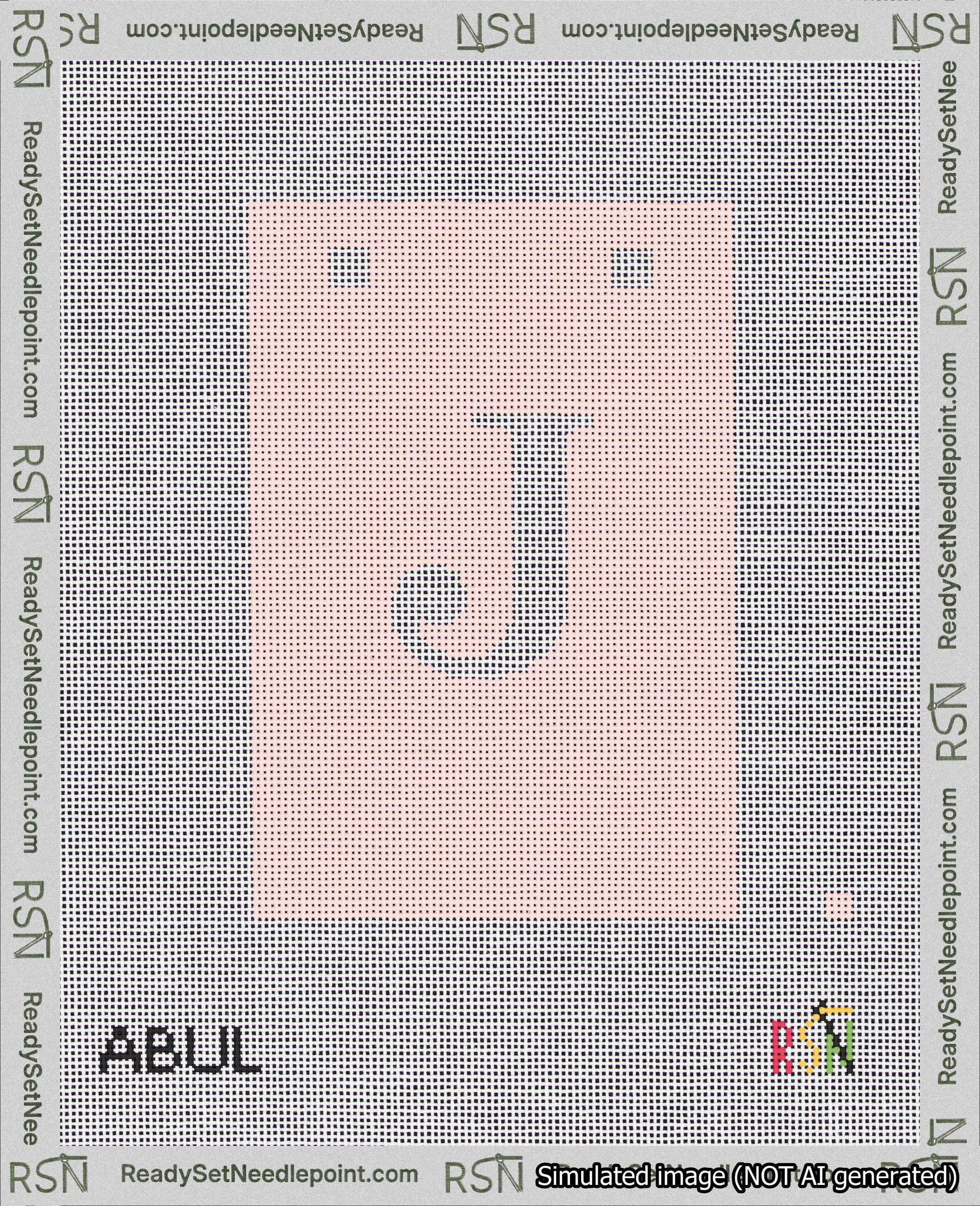 A taped needlepoint canvas with the design: Banner 18 mesh count Squared J White on Pink.