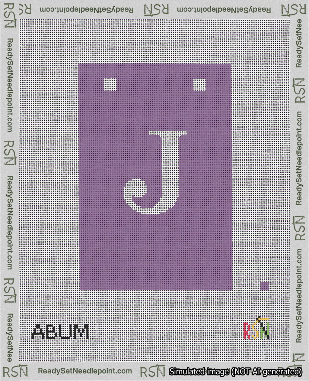 A taped needlepoint canvas with the design: Banner 18 mesh count Squared J White on Purple.