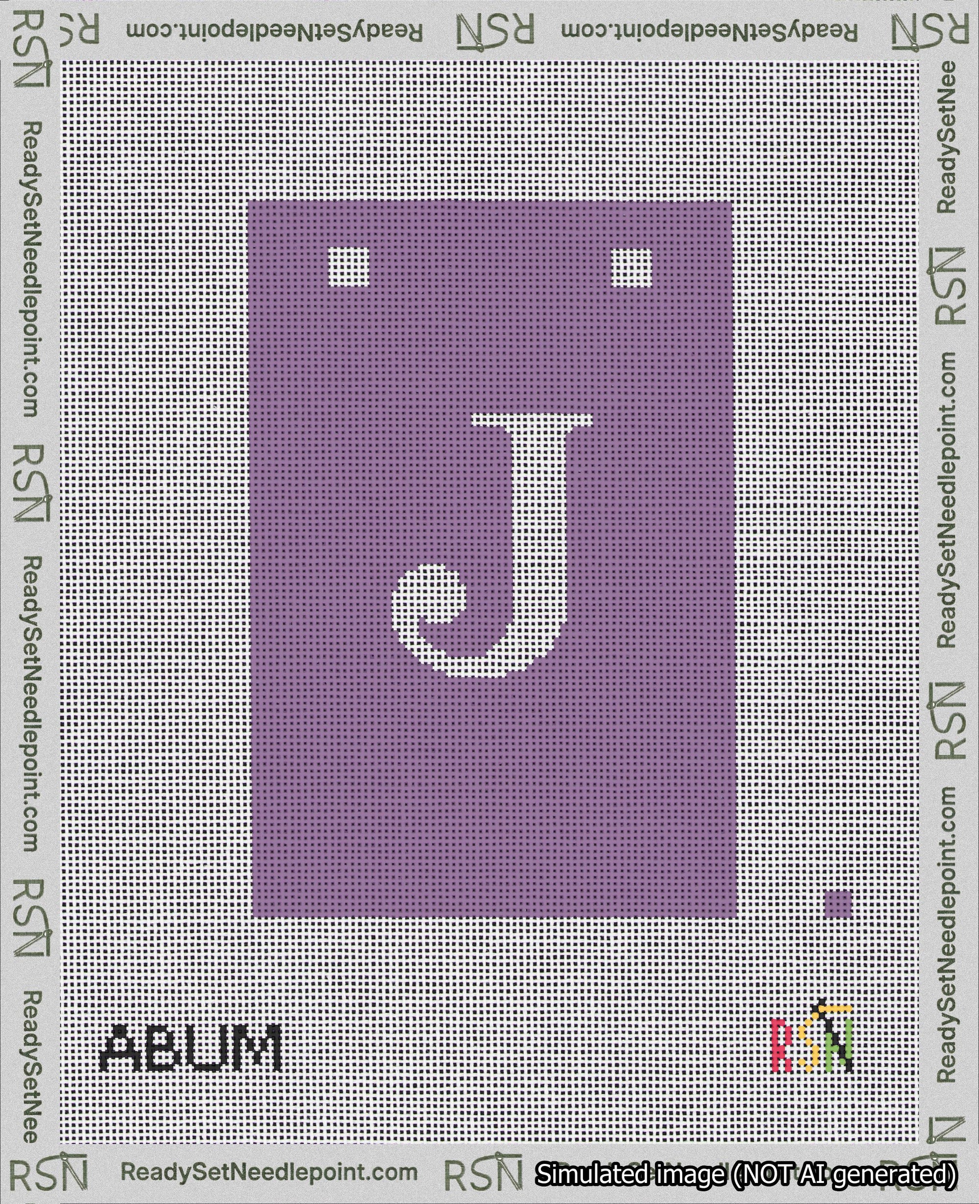 A taped needlepoint canvas with the design: Banner 18 mesh count Squared J White on Purple.