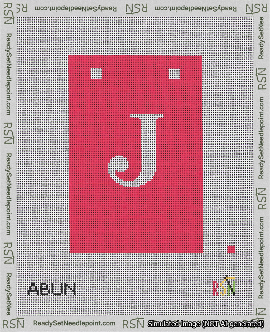 A taped needlepoint canvas with the design: Banner 18 mesh count Squared J White on Red.