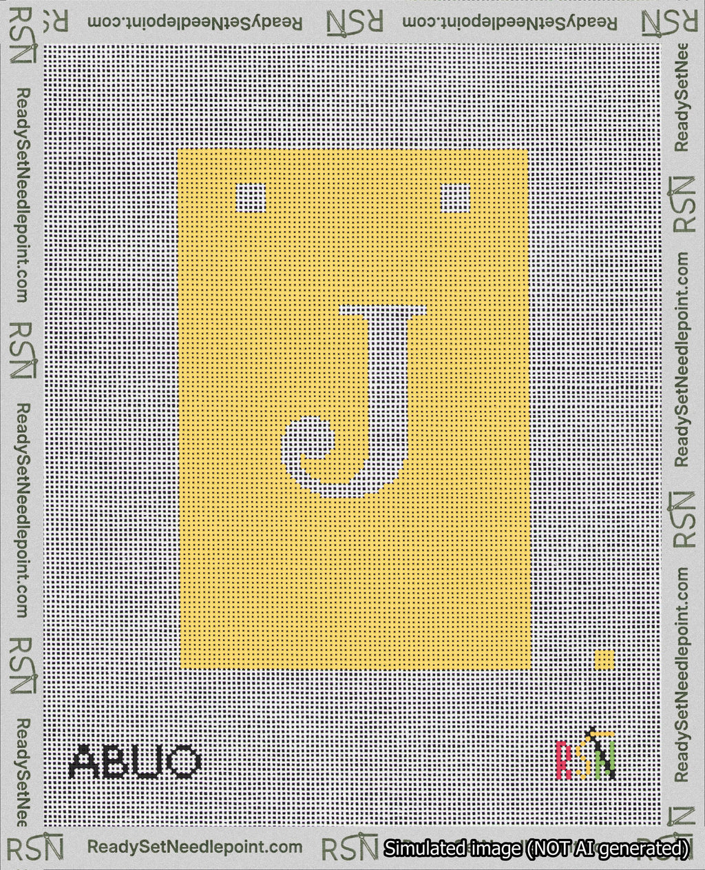 A taped needlepoint canvas with the design: Banner 18 mesh count Squared J White on Yellow.