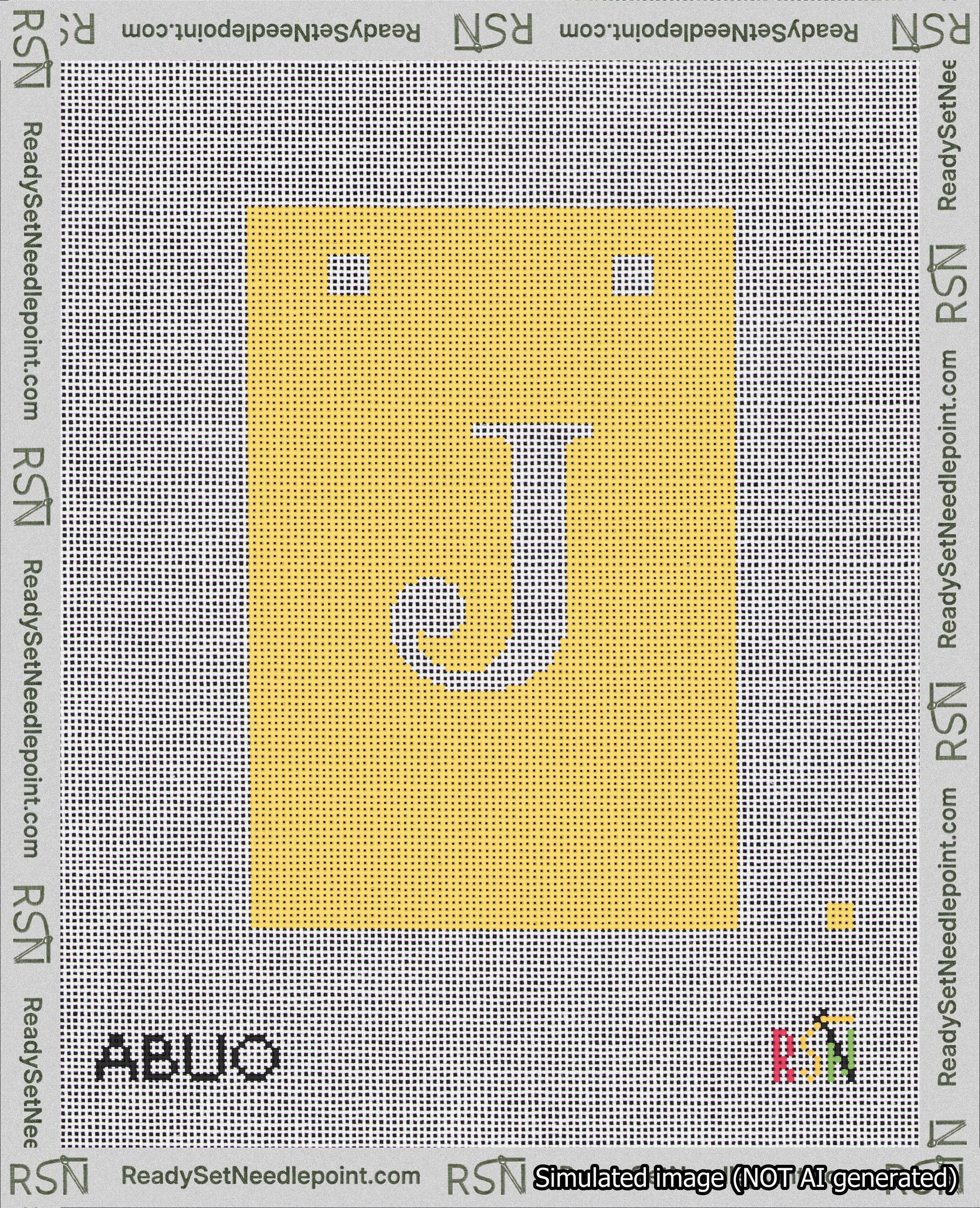 A taped needlepoint canvas with the design: Banner 18 mesh count Squared J White on Yellow.