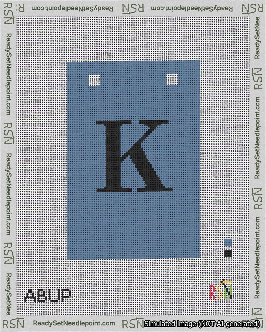 A taped needlepoint canvas with the design: Banner 18 mesh count Squared K Black on Blue.