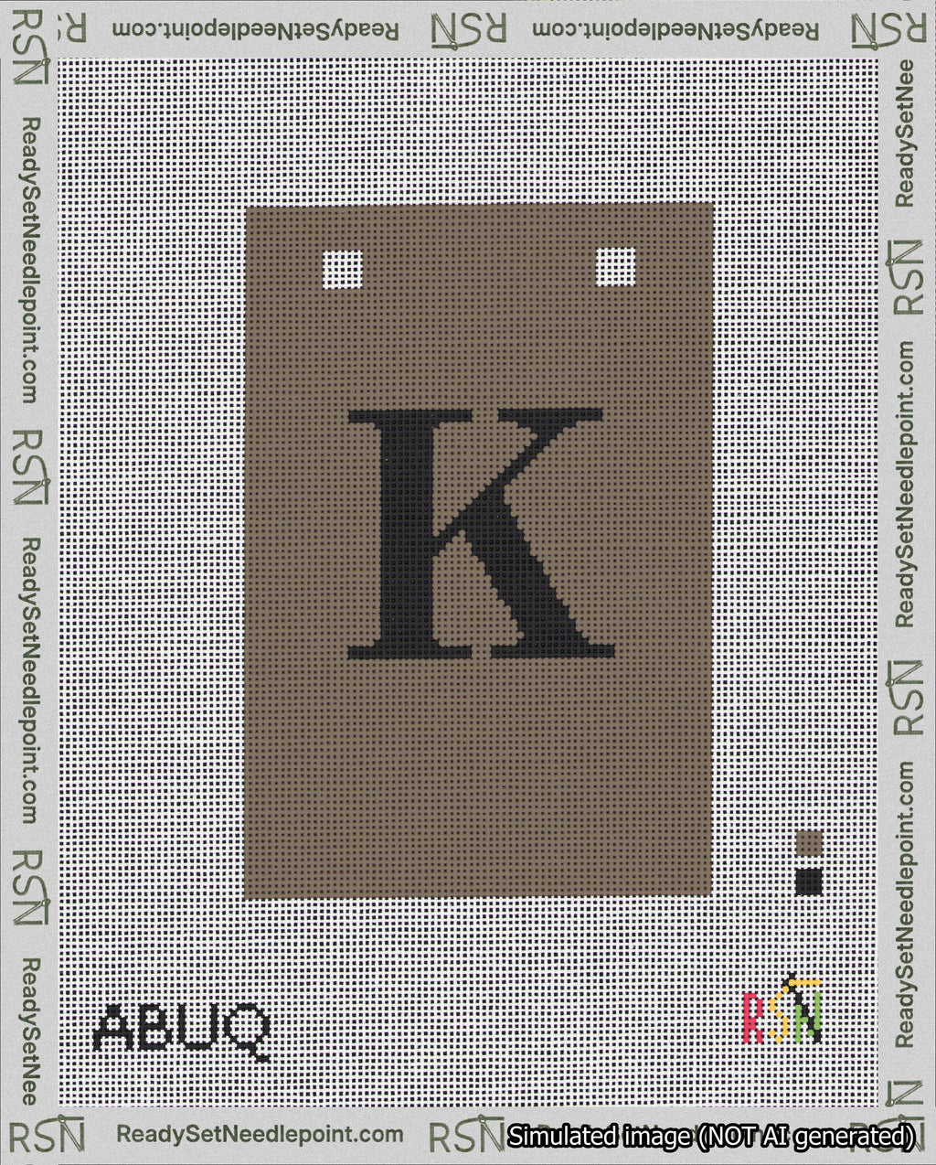 A taped needlepoint canvas with the design: Banner 18 mesh count Squared K Black on Brown.