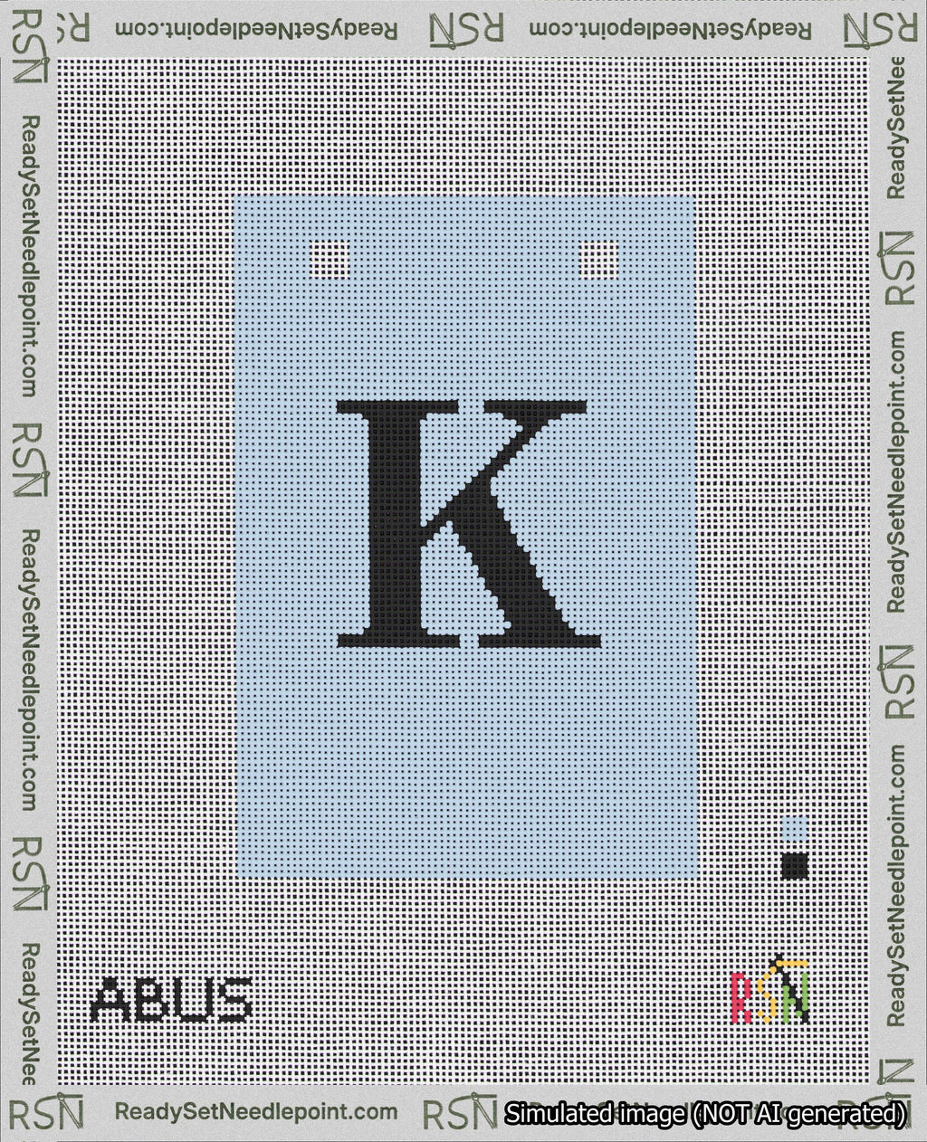 A taped needlepoint canvas with the design: Banner 18 mesh count Squared K Black on Light Blue.
