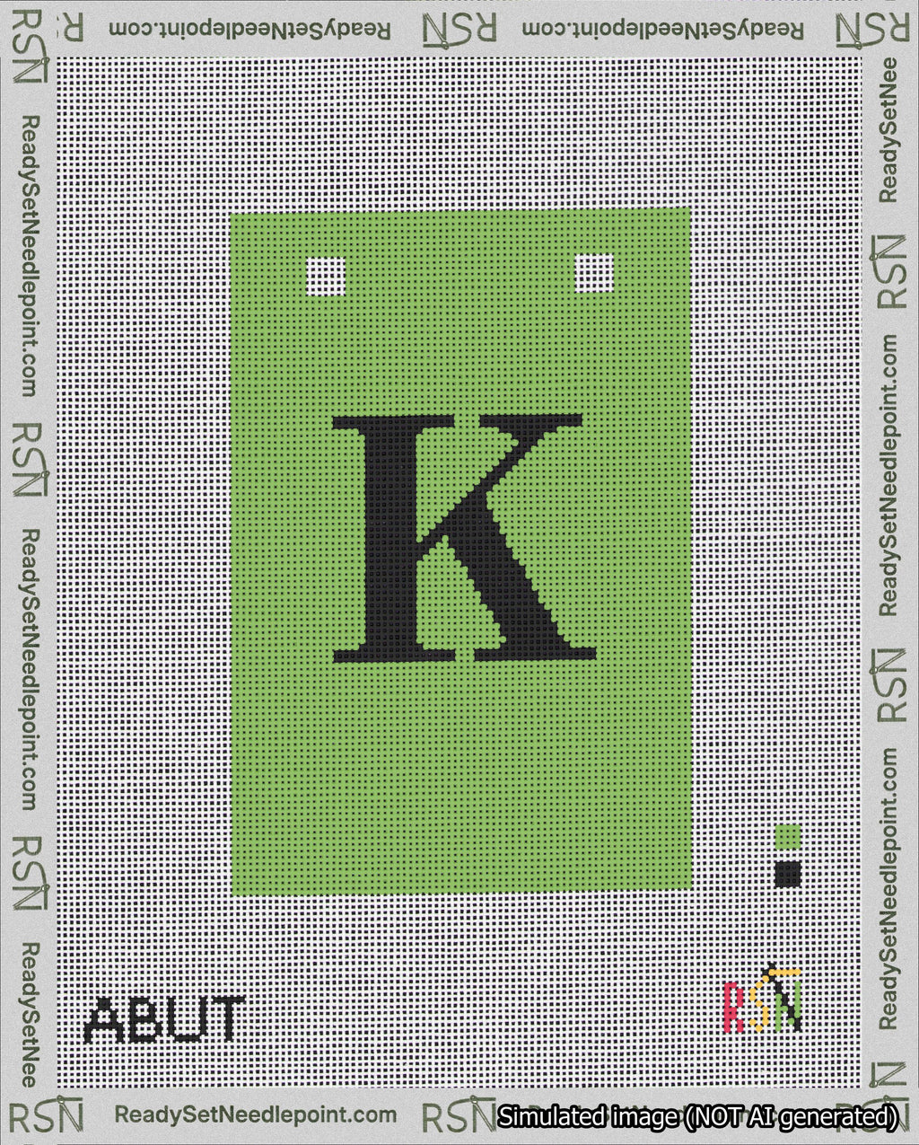 A taped needlepoint canvas with the design: Banner 18 mesh count Squared K Black on Light Green.
