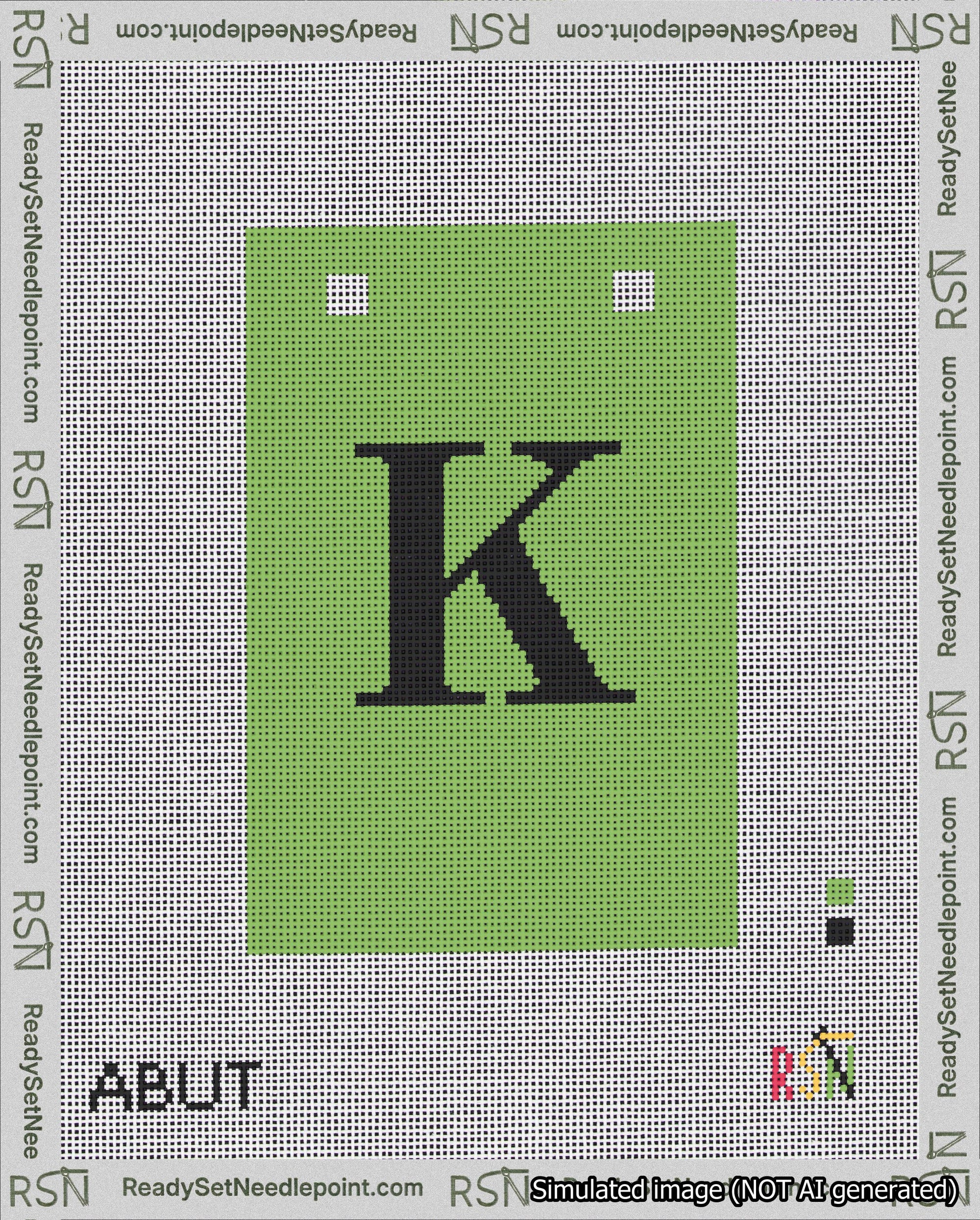 A taped needlepoint canvas with the design: Banner 18 mesh count Squared K Black on Light Green.