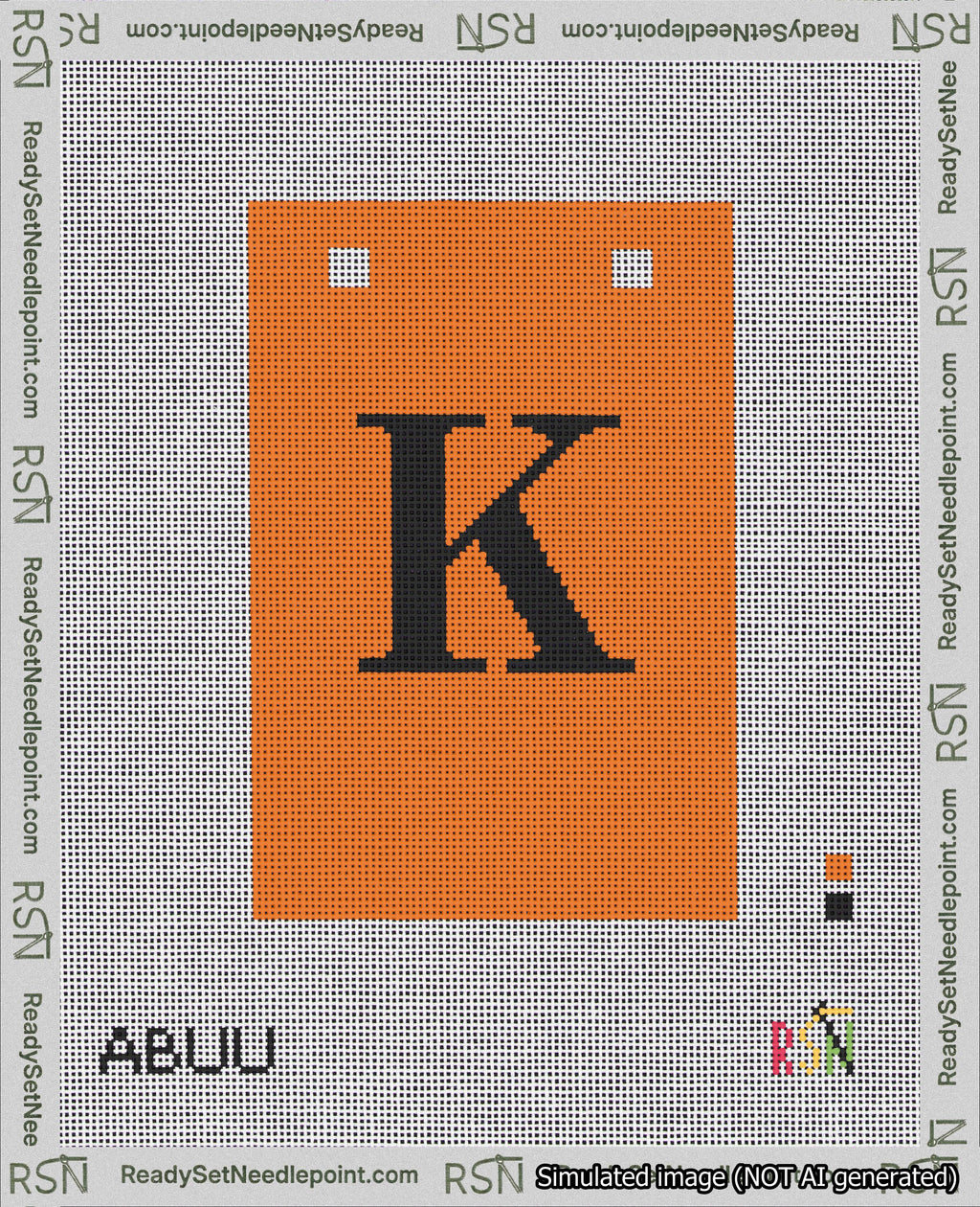 A taped needlepoint canvas with the design: Banner 18 mesh count Squared K Black on Orange.