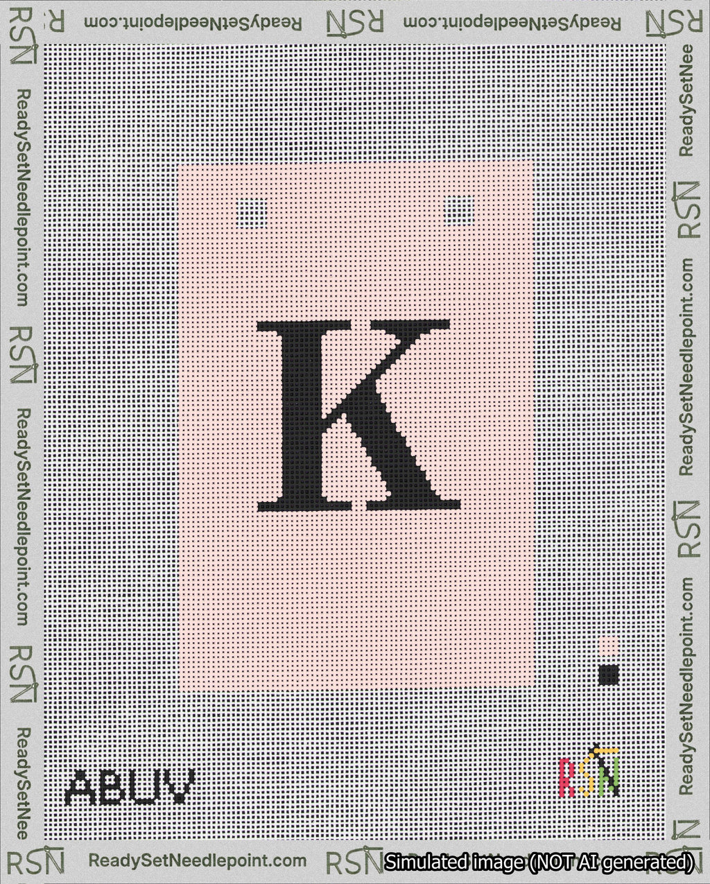 A taped needlepoint canvas with the design: Banner 18 mesh count Squared K Black on Pink.