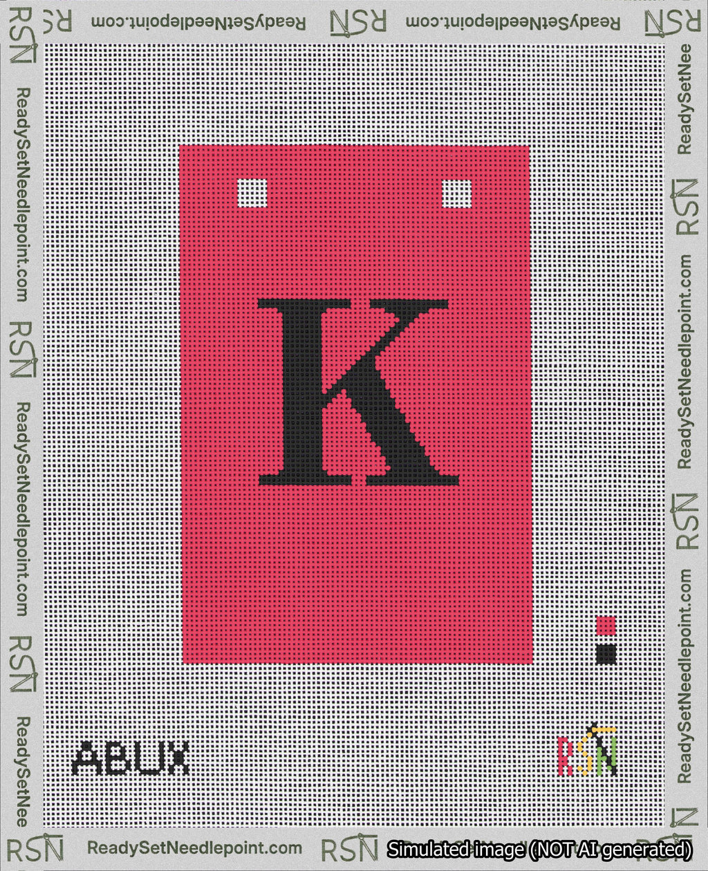 A taped needlepoint canvas with the design: Banner 18 mesh count Squared K Black on Red.