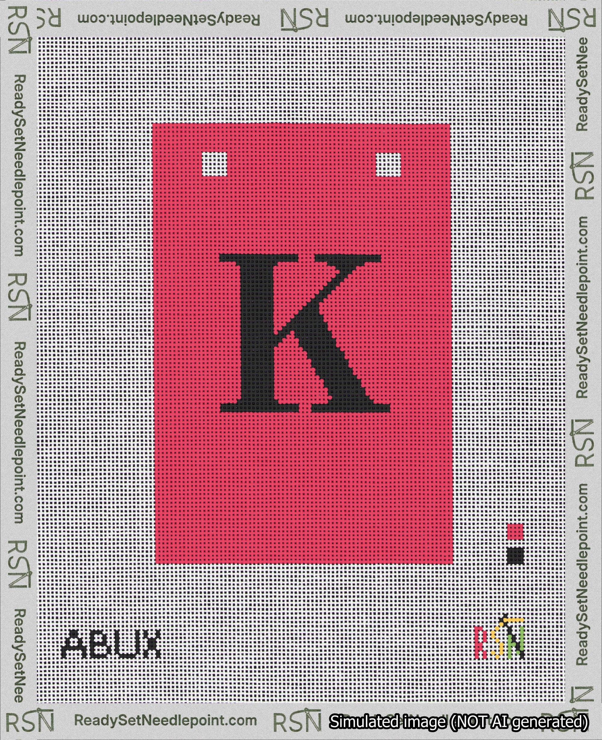 A taped needlepoint canvas with the design: Banner 18 mesh count Squared K Black on Red.
