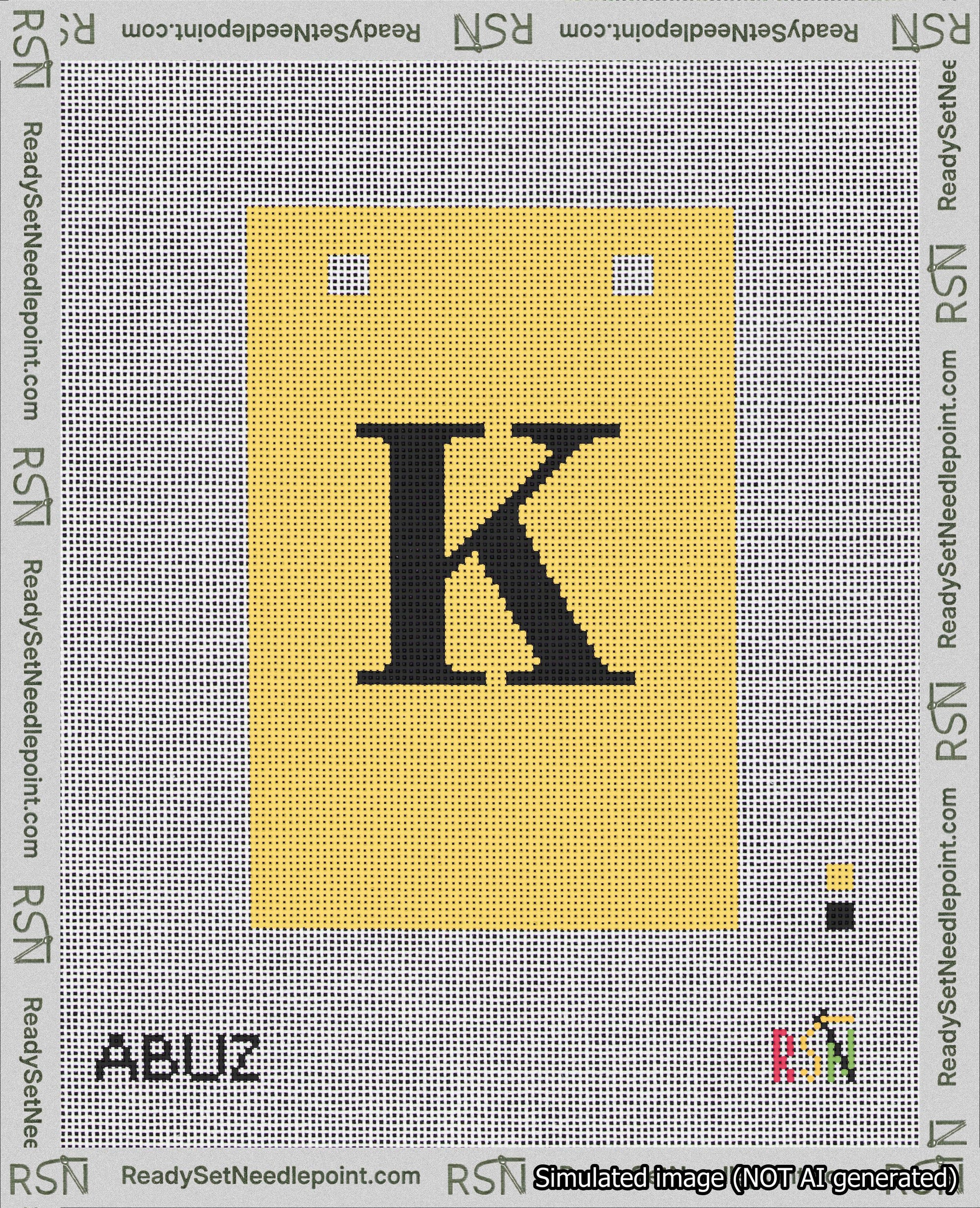 A taped needlepoint canvas with the design: Banner 18 mesh count Squared K Black on Yellow.