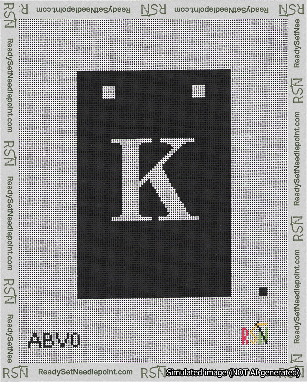 A taped needlepoint canvas with the design: Banner 18 mesh count Squared K White on Black.
