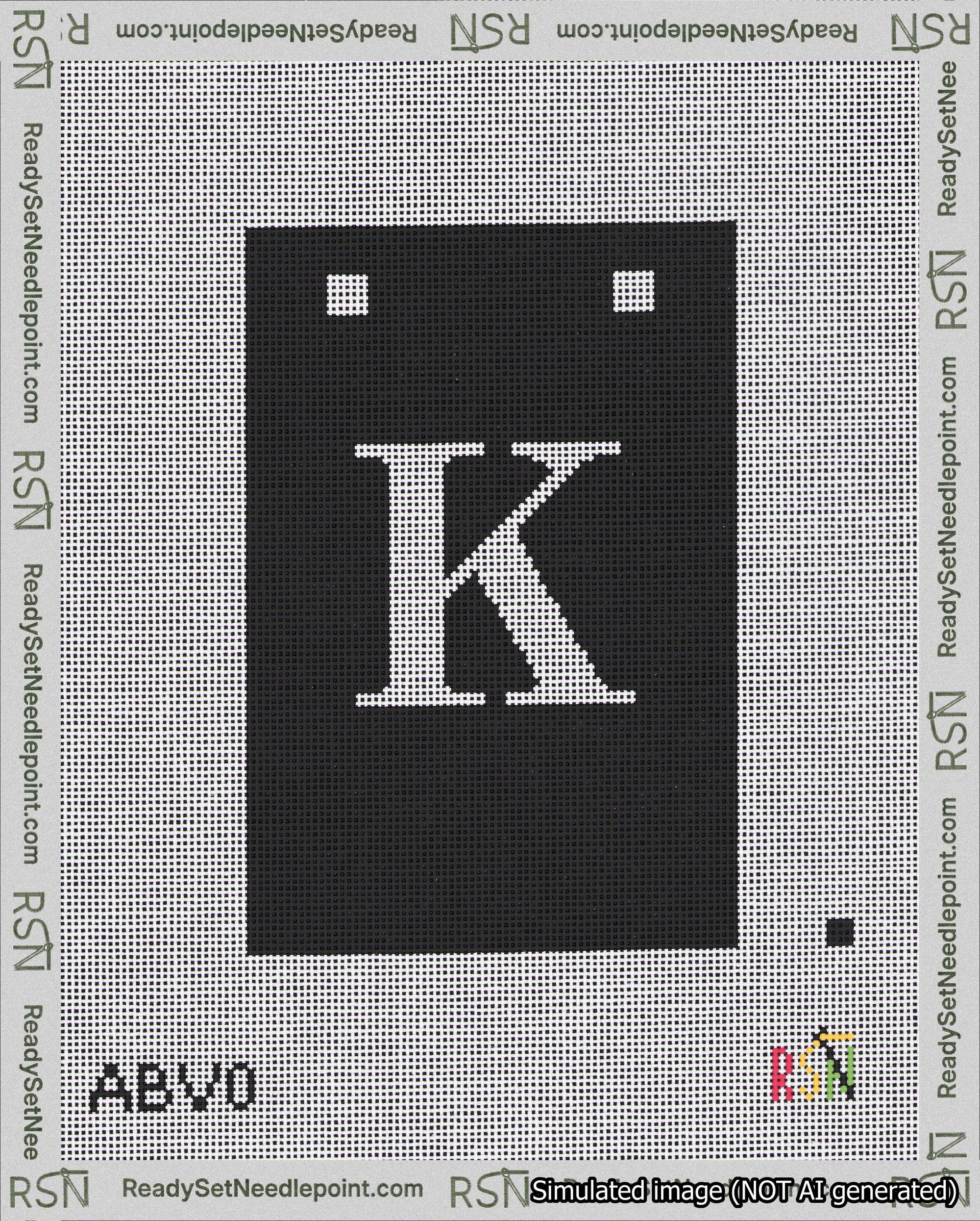 A taped needlepoint canvas with the design: Banner 18 mesh count Squared K White on Black.