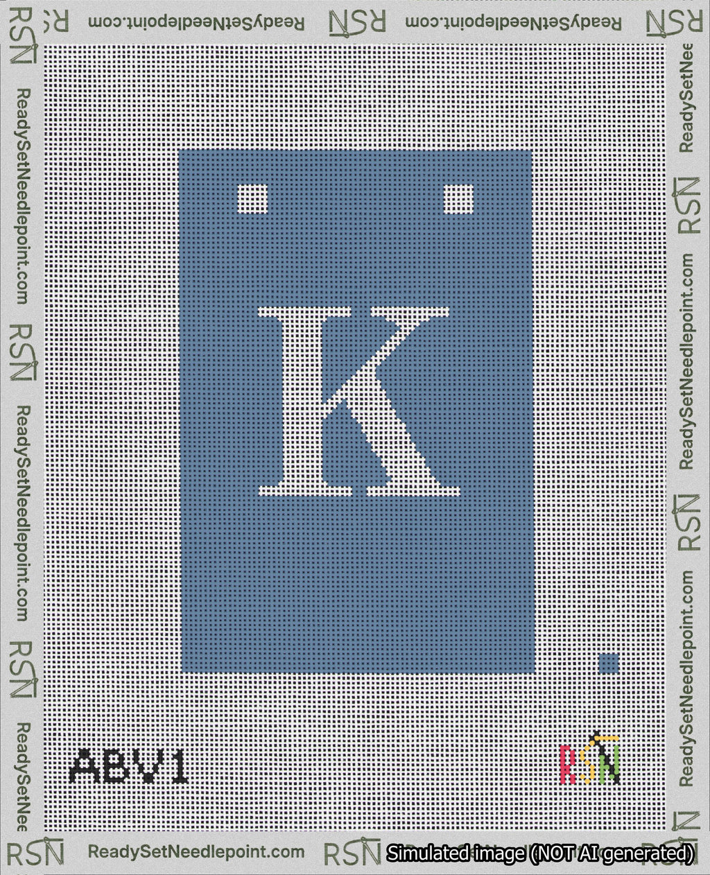 A taped needlepoint canvas with the design: Banner 18 mesh count Squared K White on Blue.