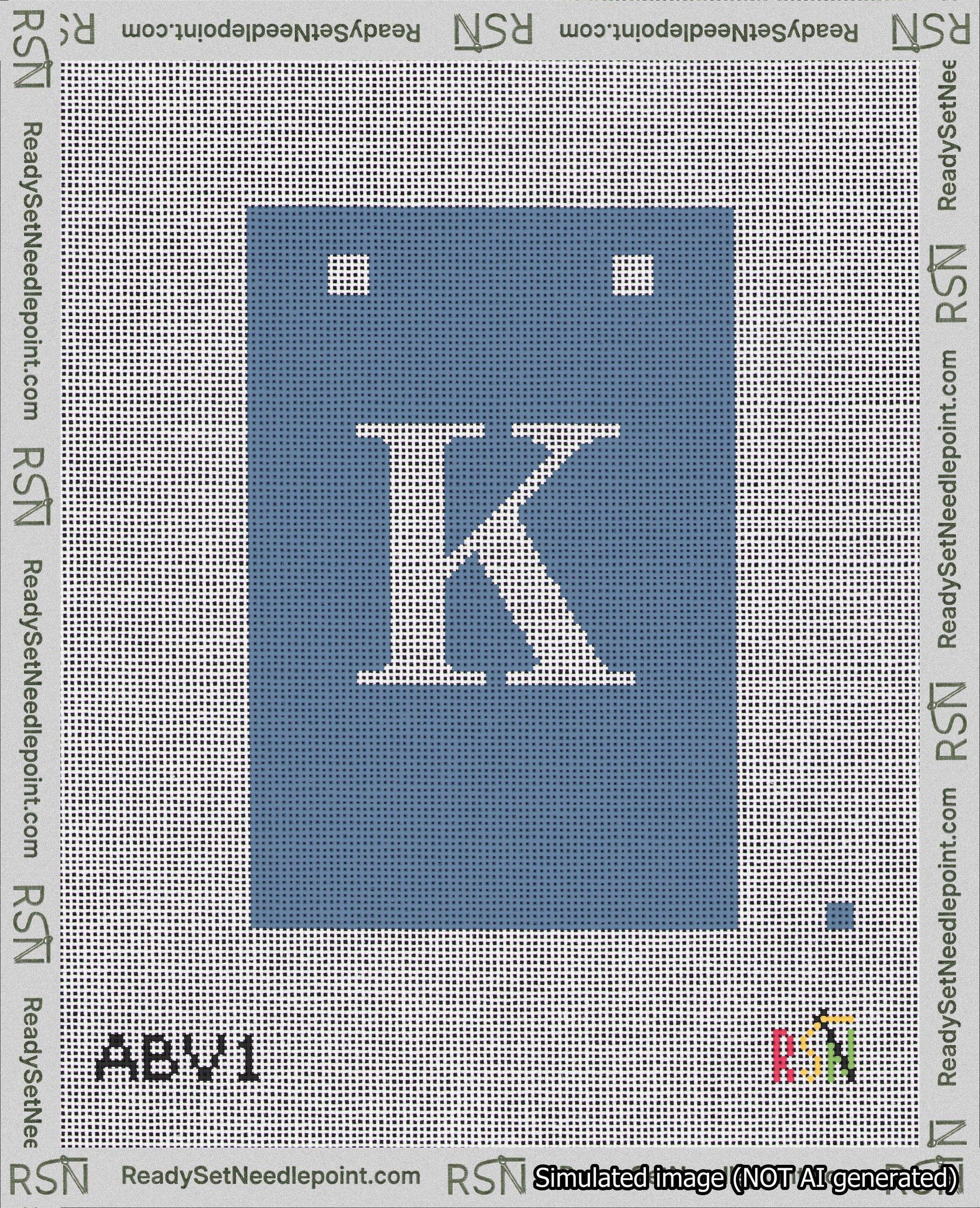 A taped needlepoint canvas with the design: Banner 18 mesh count Squared K White on Blue.