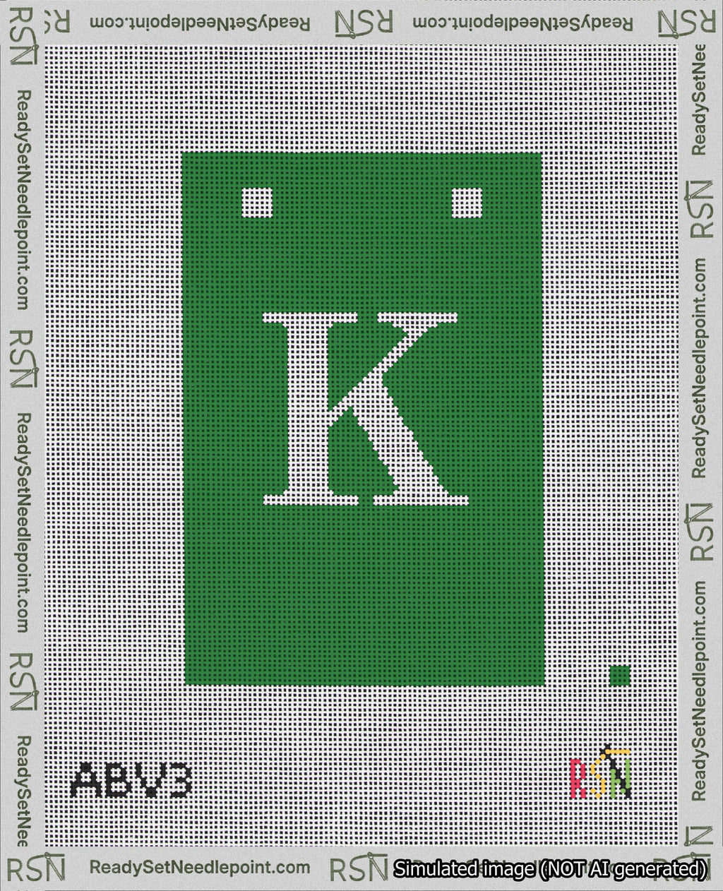 A taped needlepoint canvas with the design: Banner 18 mesh count Squared K White on Green.