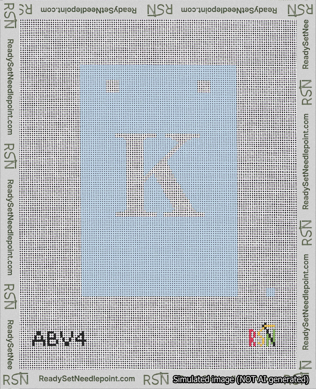 A taped needlepoint canvas with the design: Banner 18 mesh count Squared K White on Light Blue.