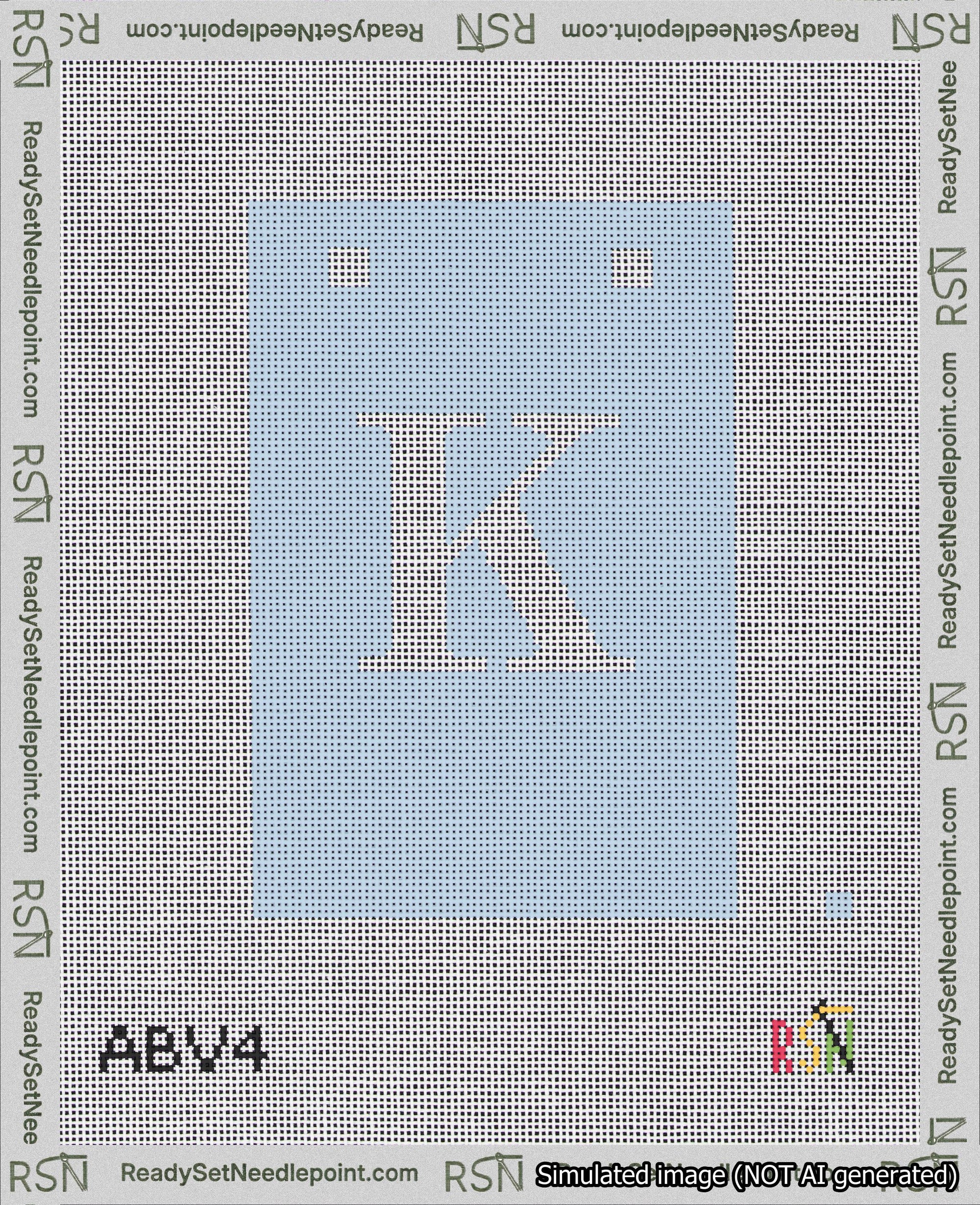 A taped needlepoint canvas with the design: Banner 18 mesh count Squared K White on Light Blue.