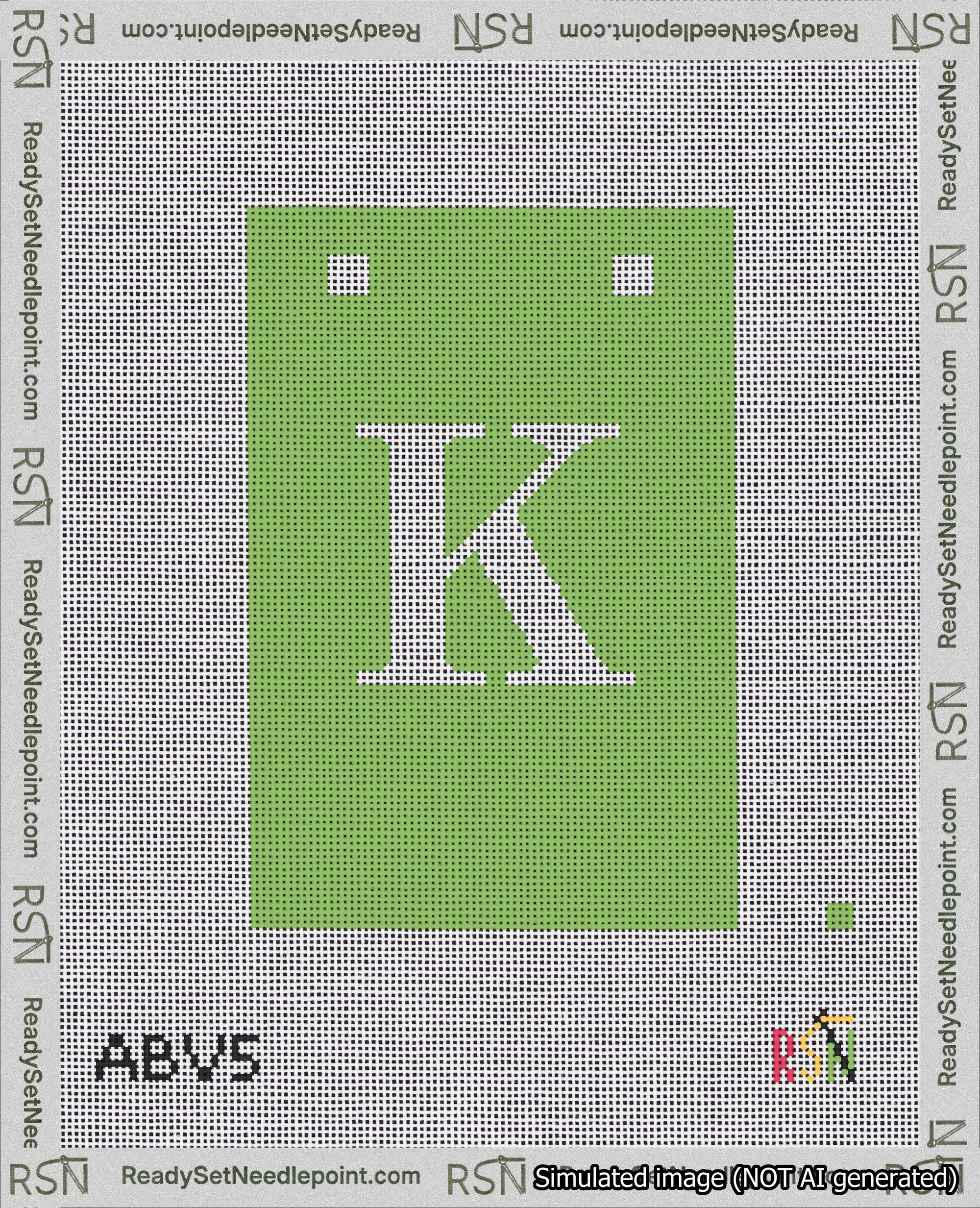 A taped needlepoint canvas with the design: Banner 18 mesh count Squared K White on Light Green.