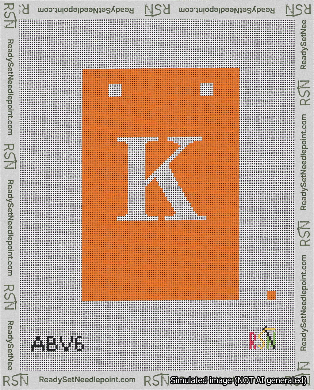 A taped needlepoint canvas with the design: Banner 18 mesh count Squared K White on Orange.