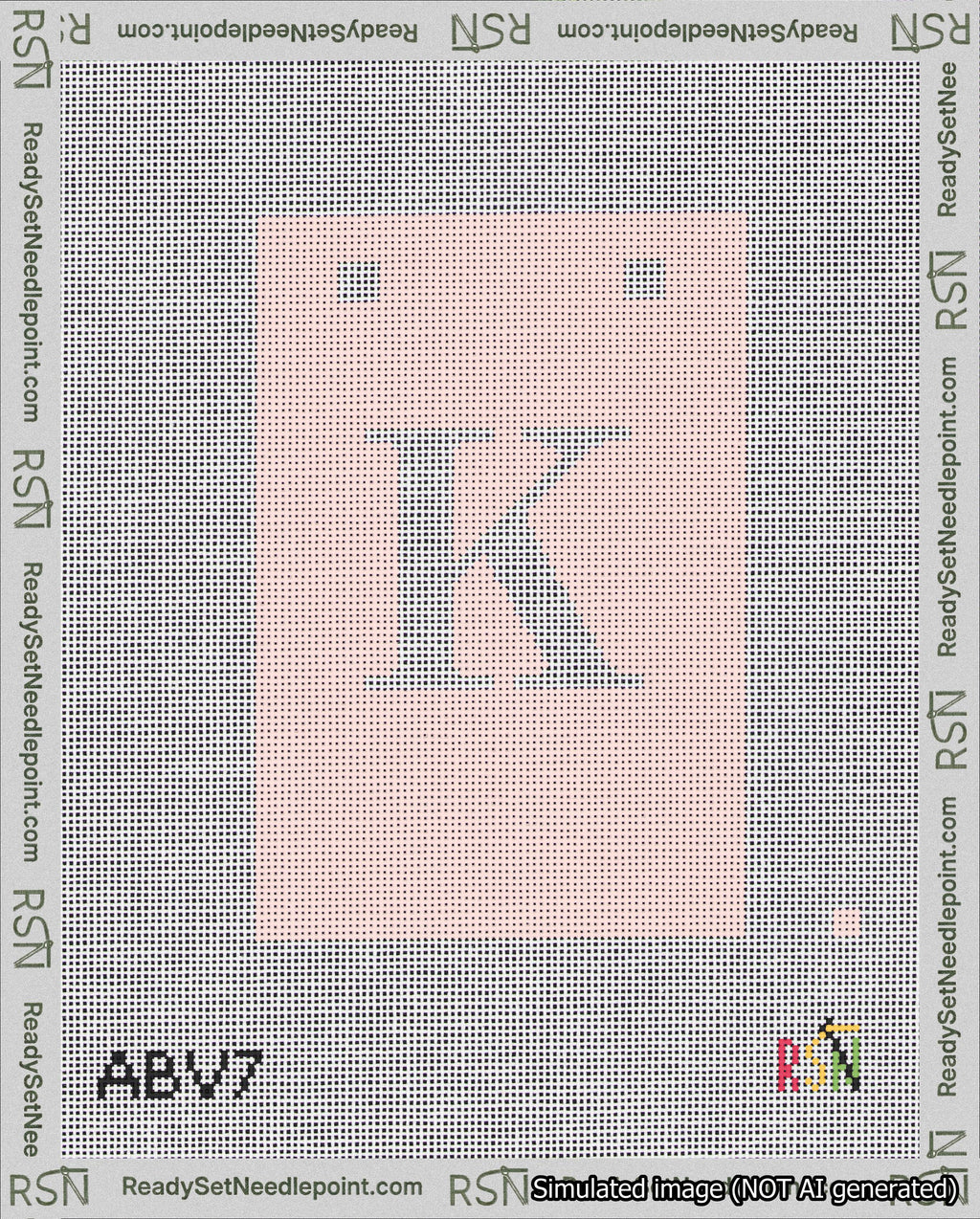A taped needlepoint canvas with the design: Banner 18 mesh count Squared K White on Pink.